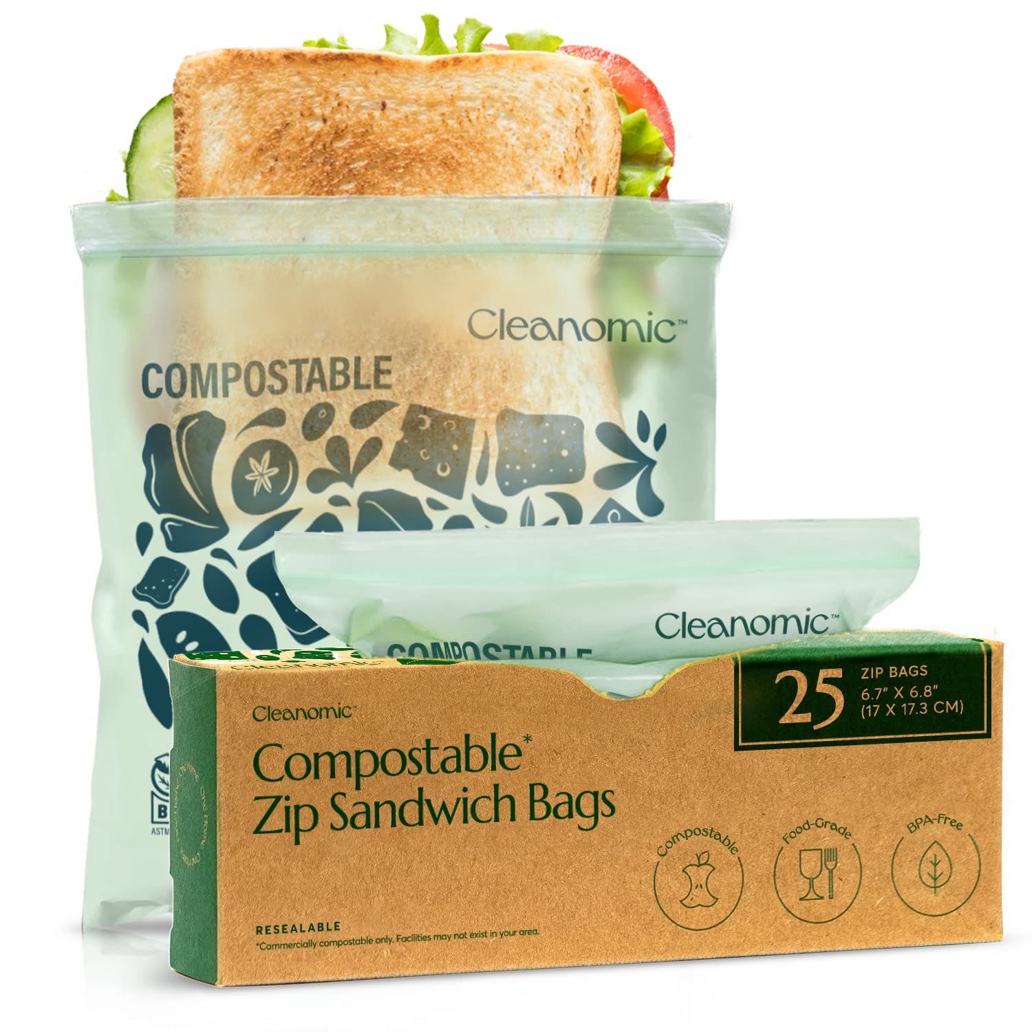 Cleanomic Compostable* Snack Size Food Storage Bags (50 Eco Zip) Freezer and Leak Proof, Also Available Gallon, Quart and Sandwich Size Bags