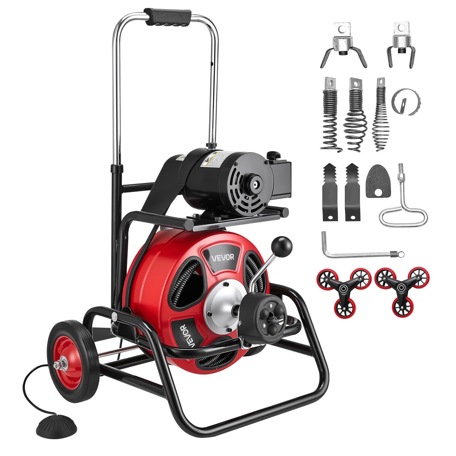VEVOR 50FT x 1/2Inch Sewer Snake Machine, Drain Cleaning Machine on 4 Wheels, Electri Drain Auger with 4 Cutters & Foot Switch for 1''- 4'' Pipes