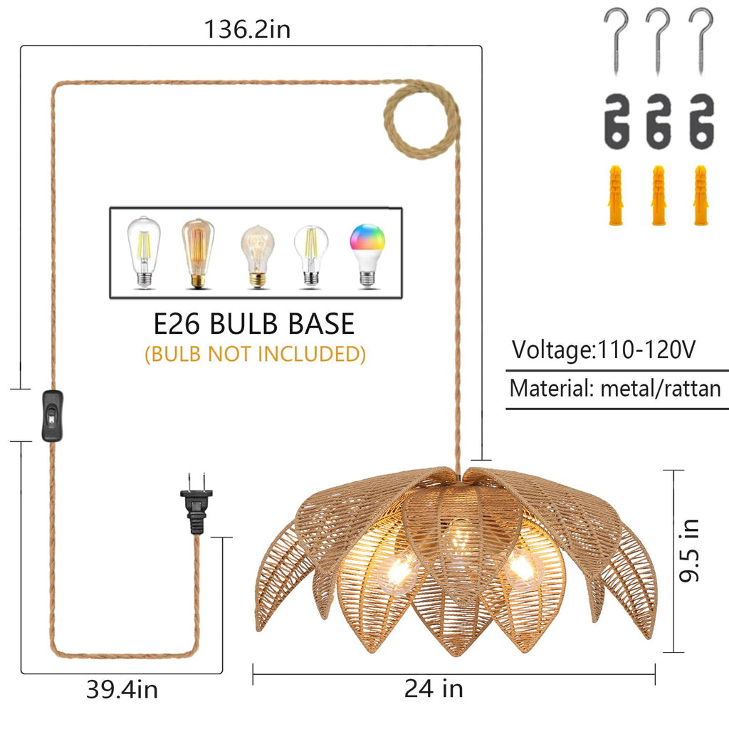 Farmhouse Chandeliers for Dining Room, 3-Light Rattan Boho Chandelier Light Fixture Hand Woven Wicker Pendant Light 24", Coastal Hanging Pendant Light for Kitchen Island Bedroom Living Room