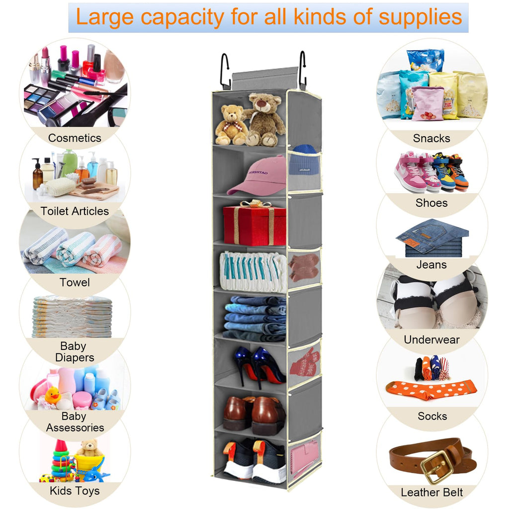 Large-Sized Hanging Shoe Organizer 8-Shelf, Hanging Closet Organizer with 8 Side Pockets, Wider Hanging Shelves for Storage Shoes Clothes 9" W × 11.8" D× 48" H, Beige.