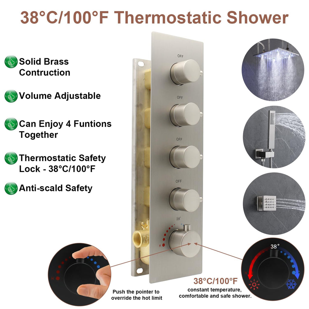 HOMEDEC 2 Way Shower Diverter Valve Brass Dual Functions Thermostatic Shower Mixing Valve Kit 3 Handle Flow Control Valve, 3/4 Inch Inlet, Can Use All Options At a Time, Matte Black