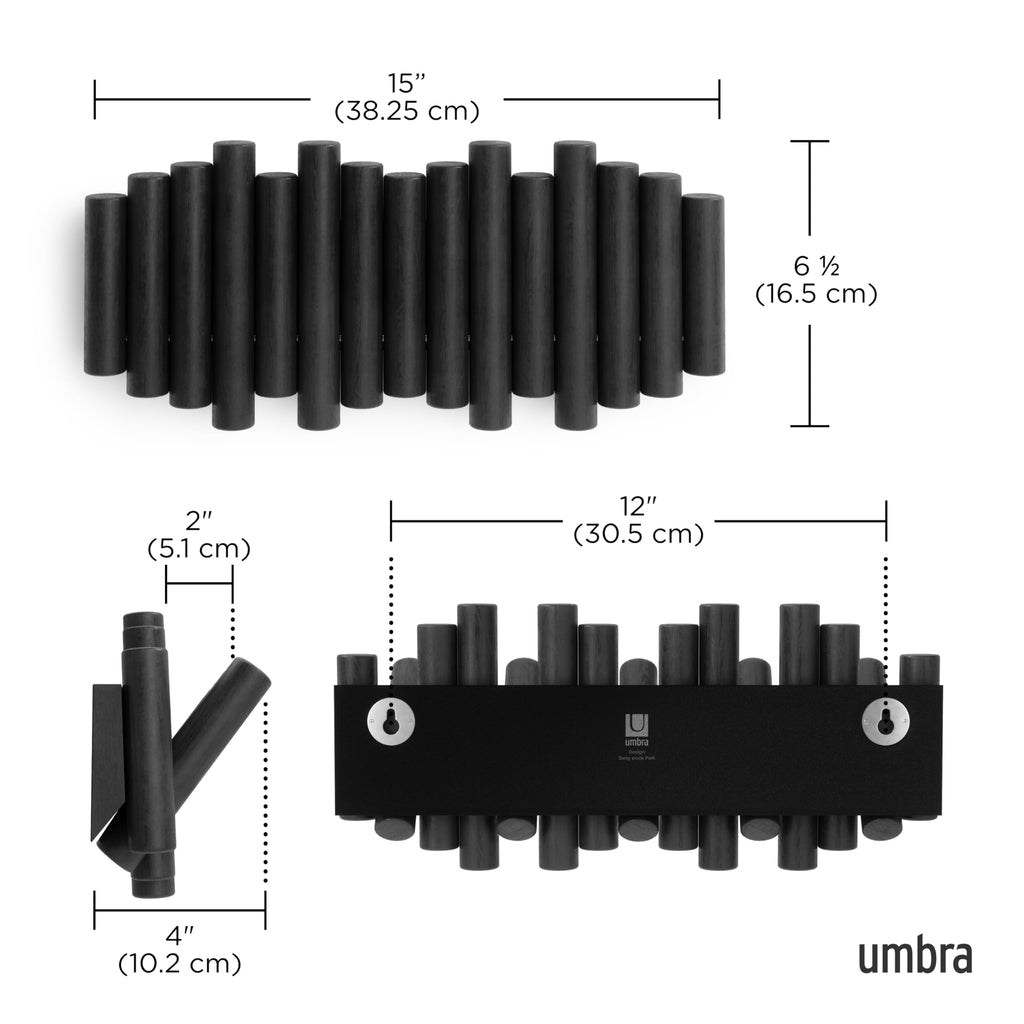 Umbra Picket Wall-Mounted Coat Rack Rail Hook with 5 Retractable Wood Pegs – Modern, Space-Saving Storage Organizer, Black