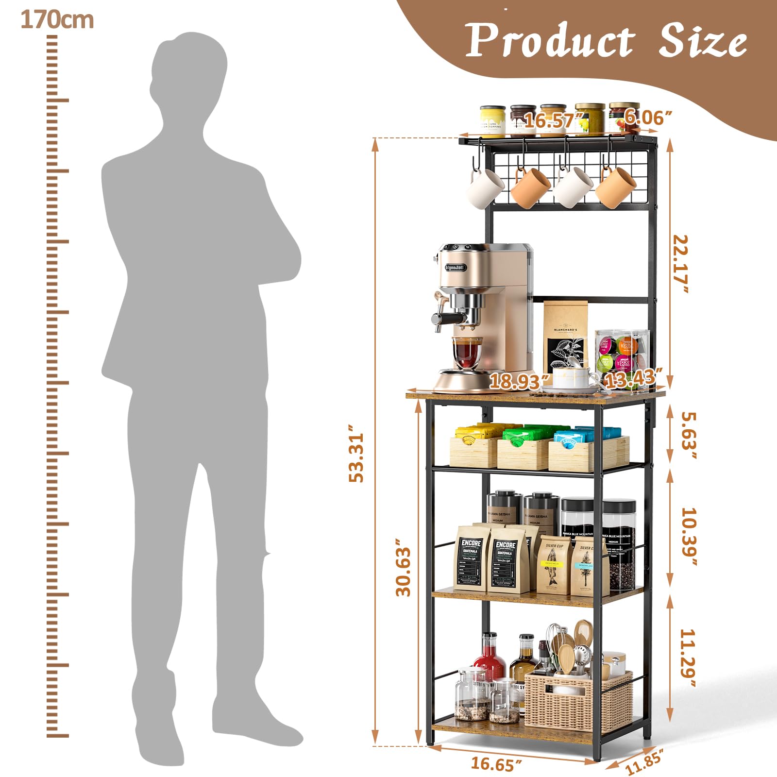 5 Tier Coffee Bar Station, Kitchen Stand with 4 S-Shaped Hooks, Farmhouse Corner Coffee Bar Cabinet for Small Spaces, Bakers Rack for Kitchen, Entryway, Living Room, 13.43"D x 18.93"W x 53.31"H