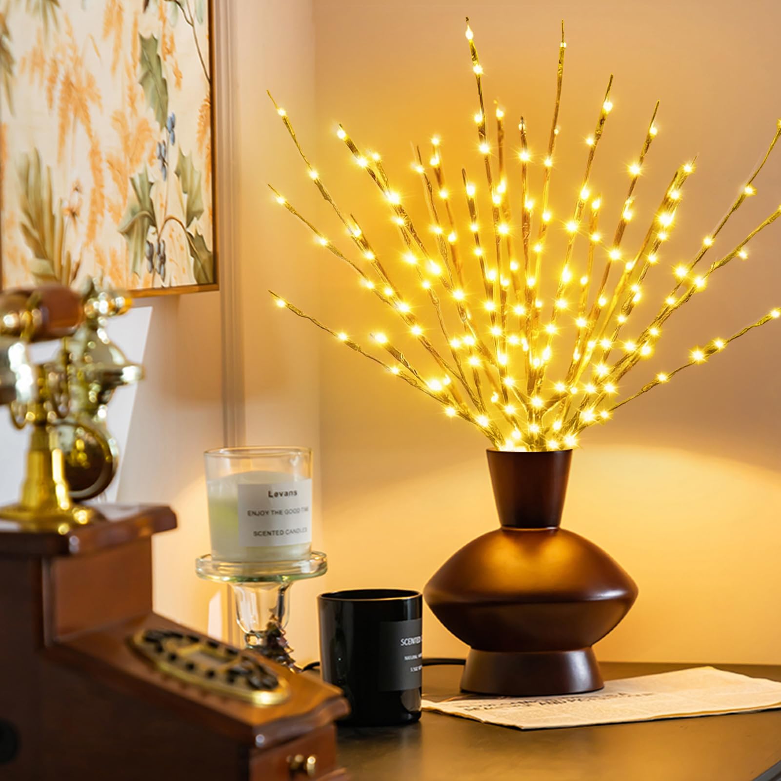 DK177 2 Pack Led Branch Light Battery Operated Lighted Branch Vase Filler Willow Tree Artificial Little Twig Power Brown 30 Inch 20 LED for Home Outdoor Indoor Romantic Decoration, White Light