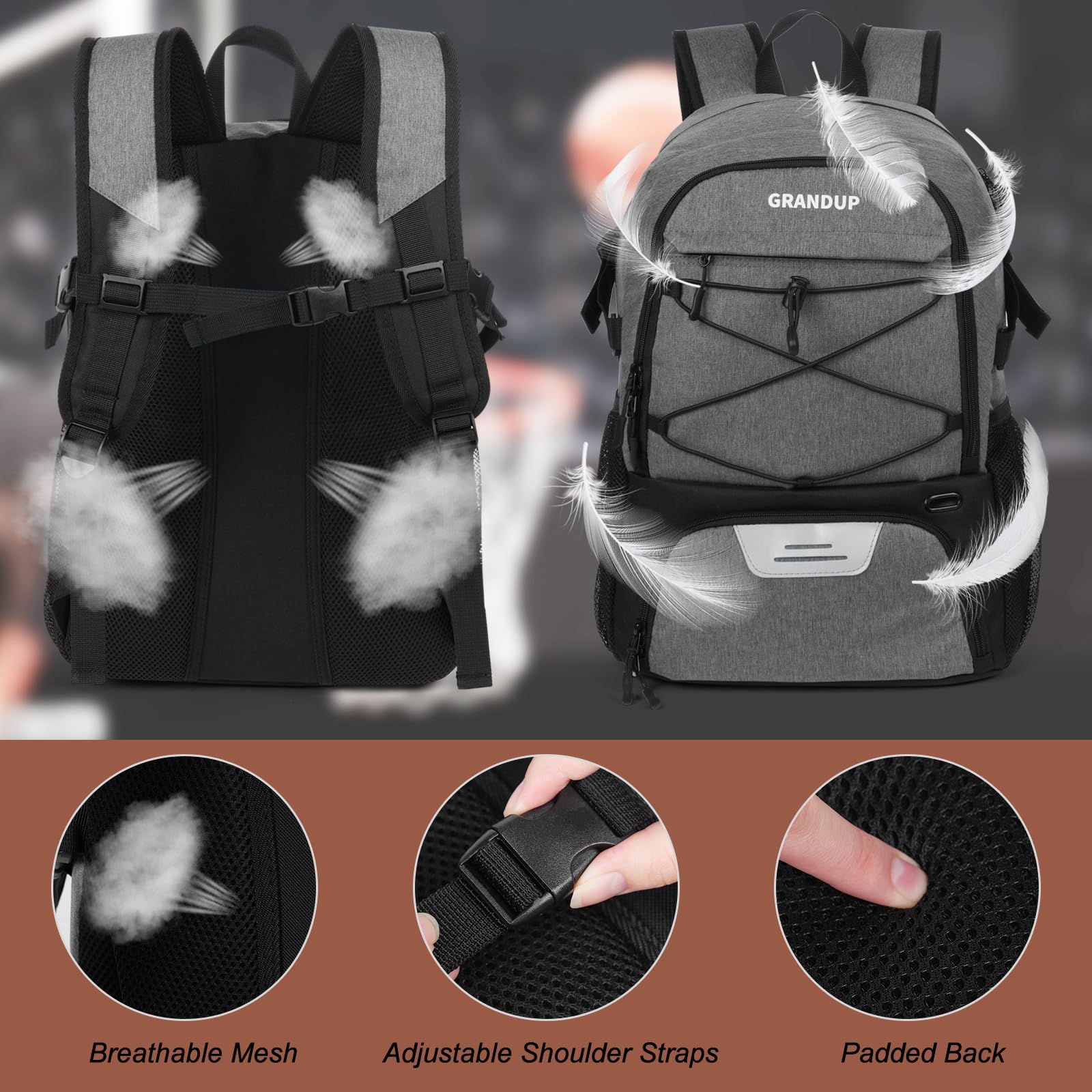 GRANDUP Basketball backpack with ball and shoes compartment Fit Volleyball, soccer, Swim, Gym, Travel, and School, large capacity sports training equipment bags
