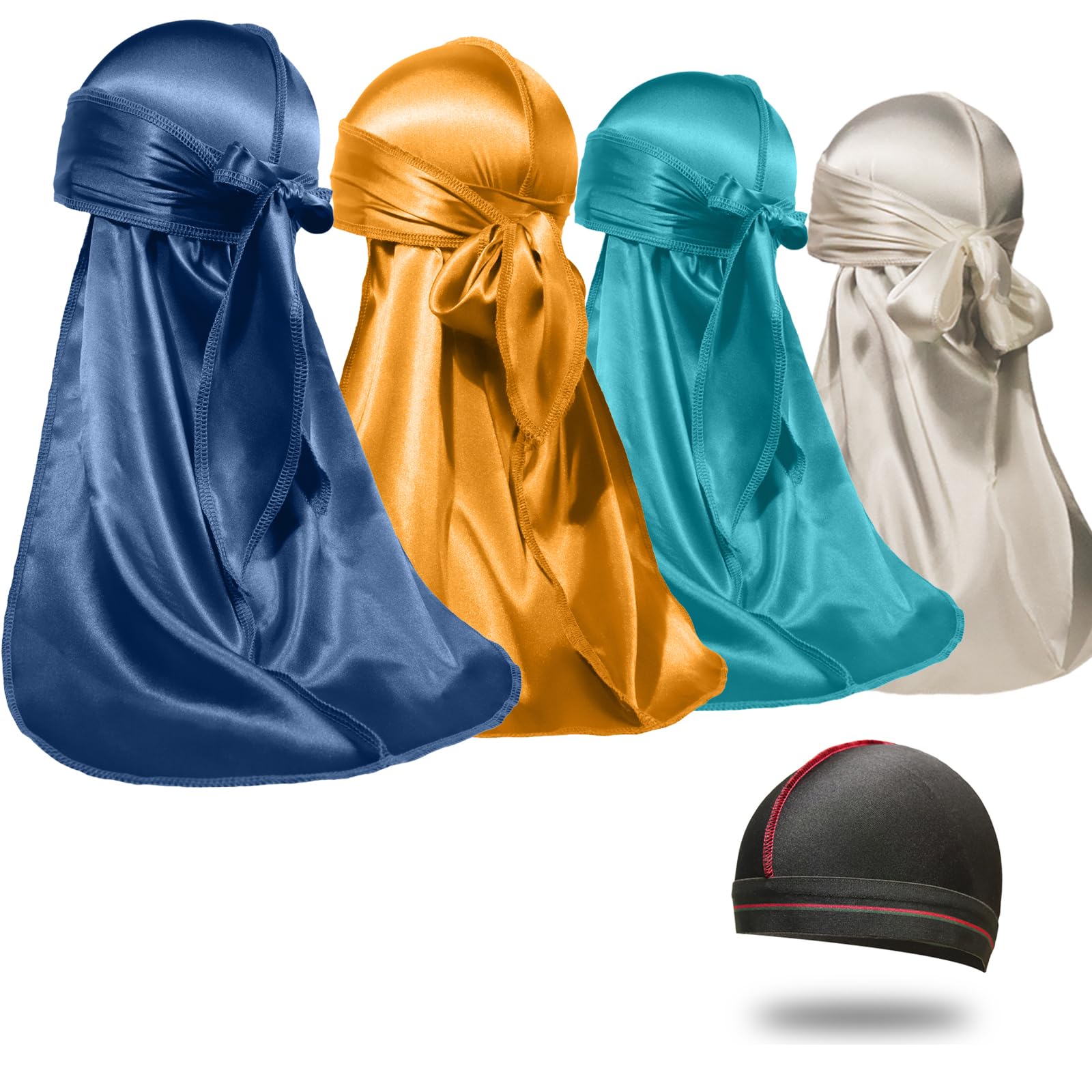 4PCS Silky Durags for Men Women 360 Waves with 1 Wave Cap, Silky Satin Durag Extra Long Tails