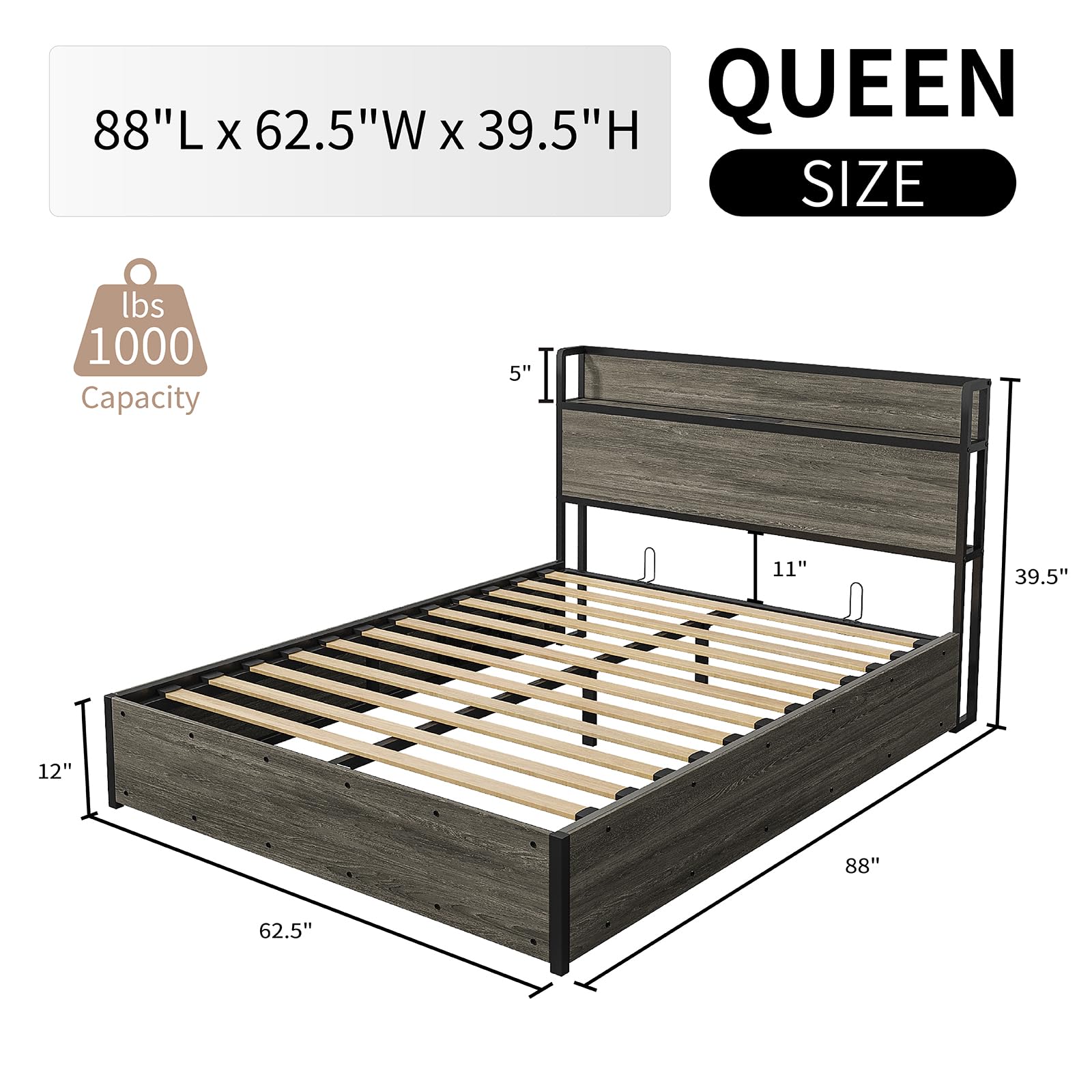 LUXOAK Full Size Lift Up Storage Bed, Wood Platform Bed Frame with Storage Headboard & Charging Station, No Box Spring Needed, Easy Assembly, Black