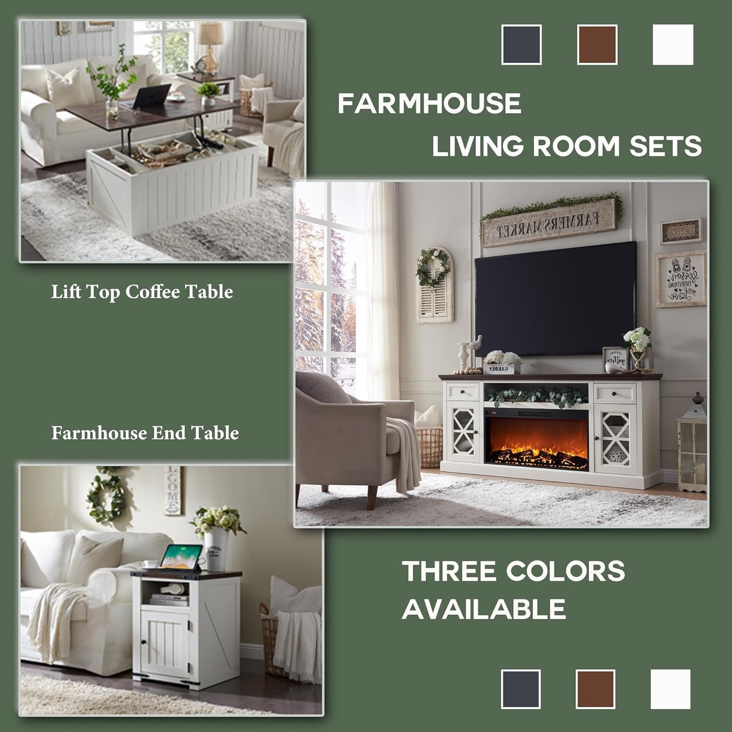 Farmhouse Fireplace TV Stand with 36" Electric Fireplace for 80 Inch TVs, 31" Tall Entertainment Center w/Drawer & Diamond Panel Door, Highboy Media Console for Living Room, 70inch, White