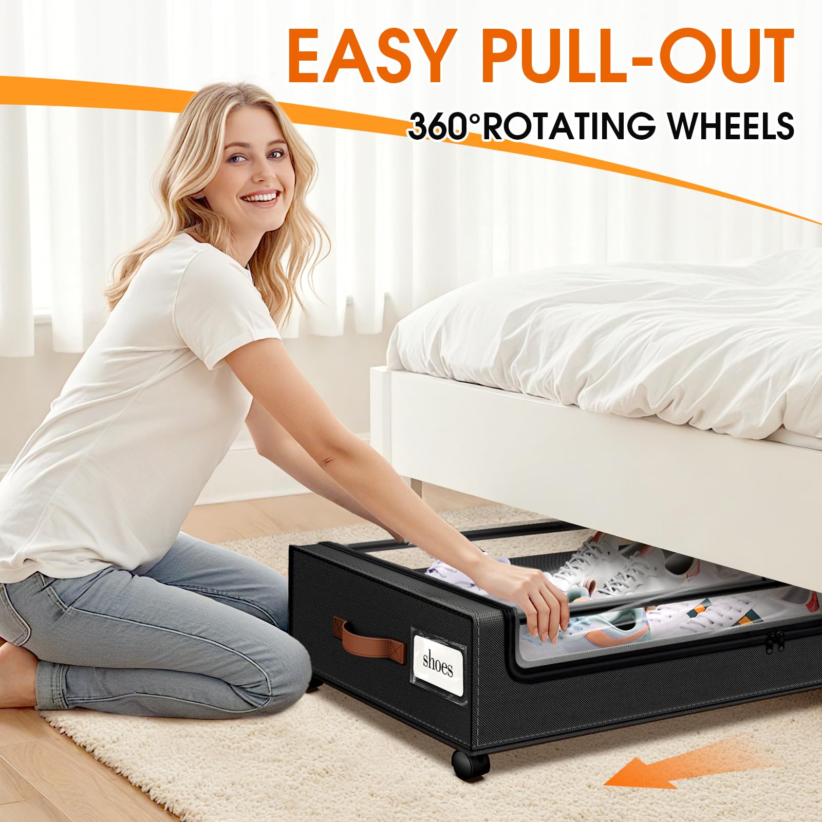 SpaceHacks Under Bed Storage with Wheels 1Pack Underbed Storage with Clear Window&Label Under Bed Drawers Large Capacity Rolling Under Bed Storage for Clothes,Shoes, Blankets (Beige)