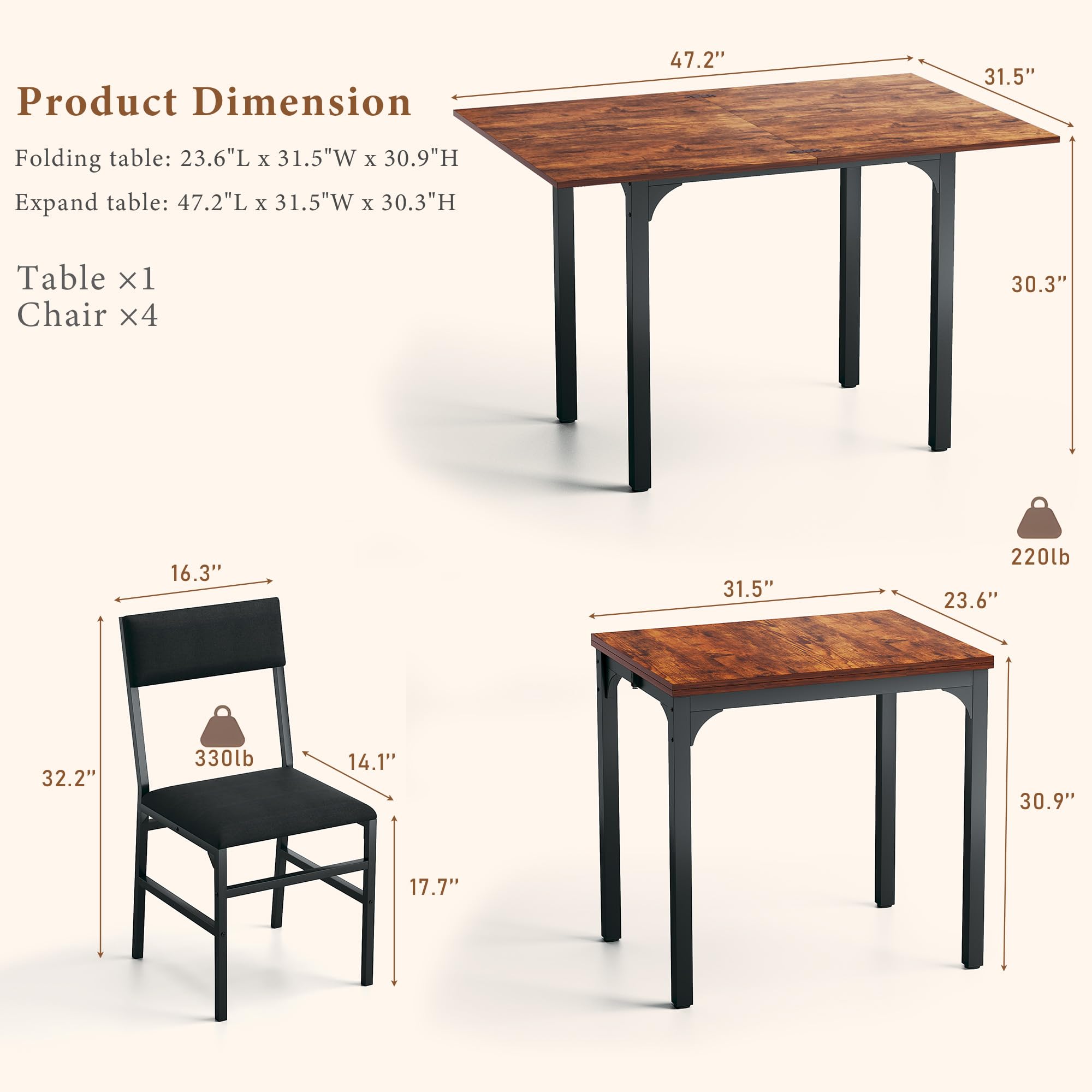 HUAHUU Dining Table Set for 4, Extendable Kitchen Table Cushion Chairs Set of 4, Rectangle Dining Table with Metal Frame & MDF Board, Folding for Small Apartment Saving Space, Black