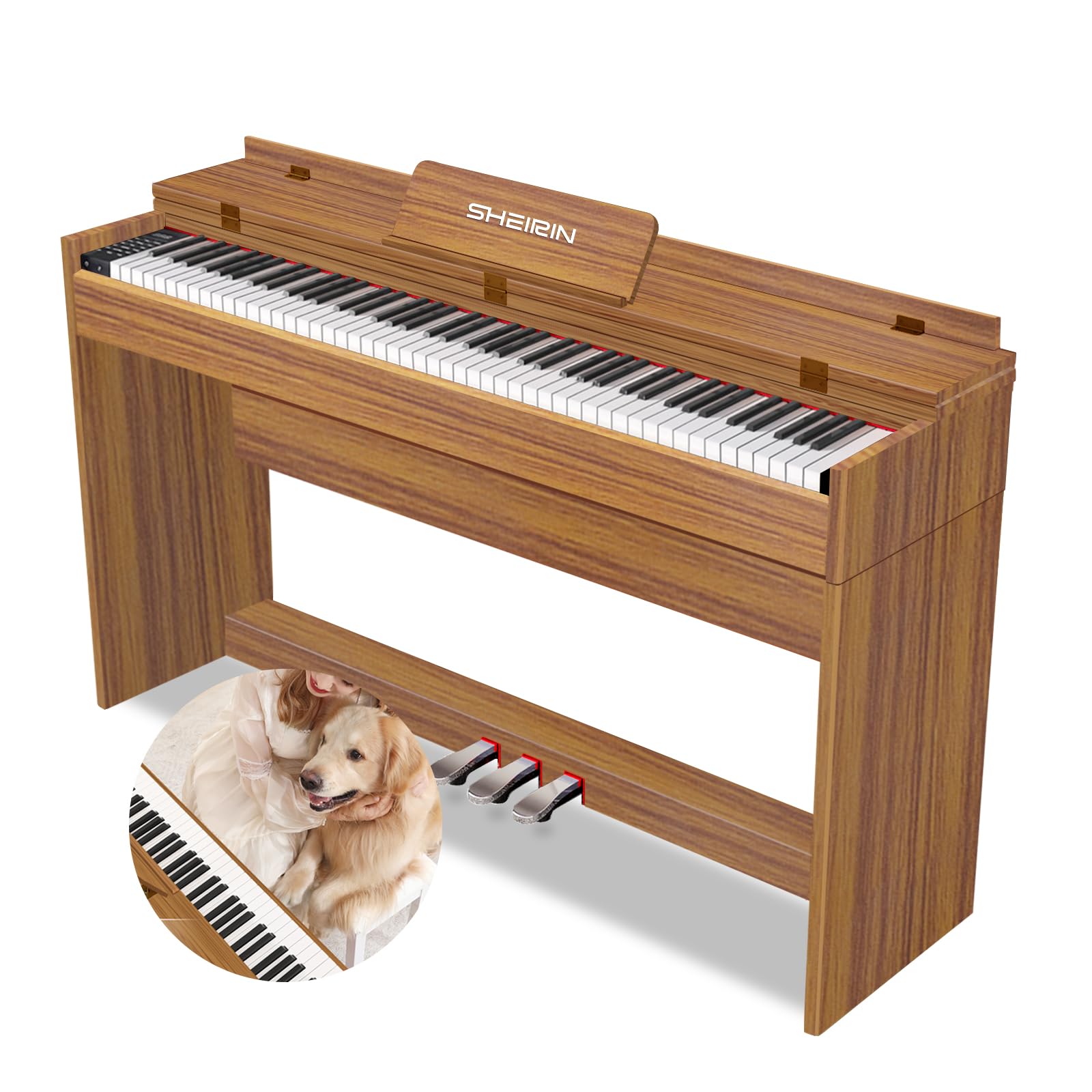 Digital Piano Hammer Action Keyboard 88 Keys Upright Acoustic Electric Weighted Piano Beginner MIDI Cover Full Size Sustain Pedal Stand Real Professional SR-FH80 (Beige Full Cover)