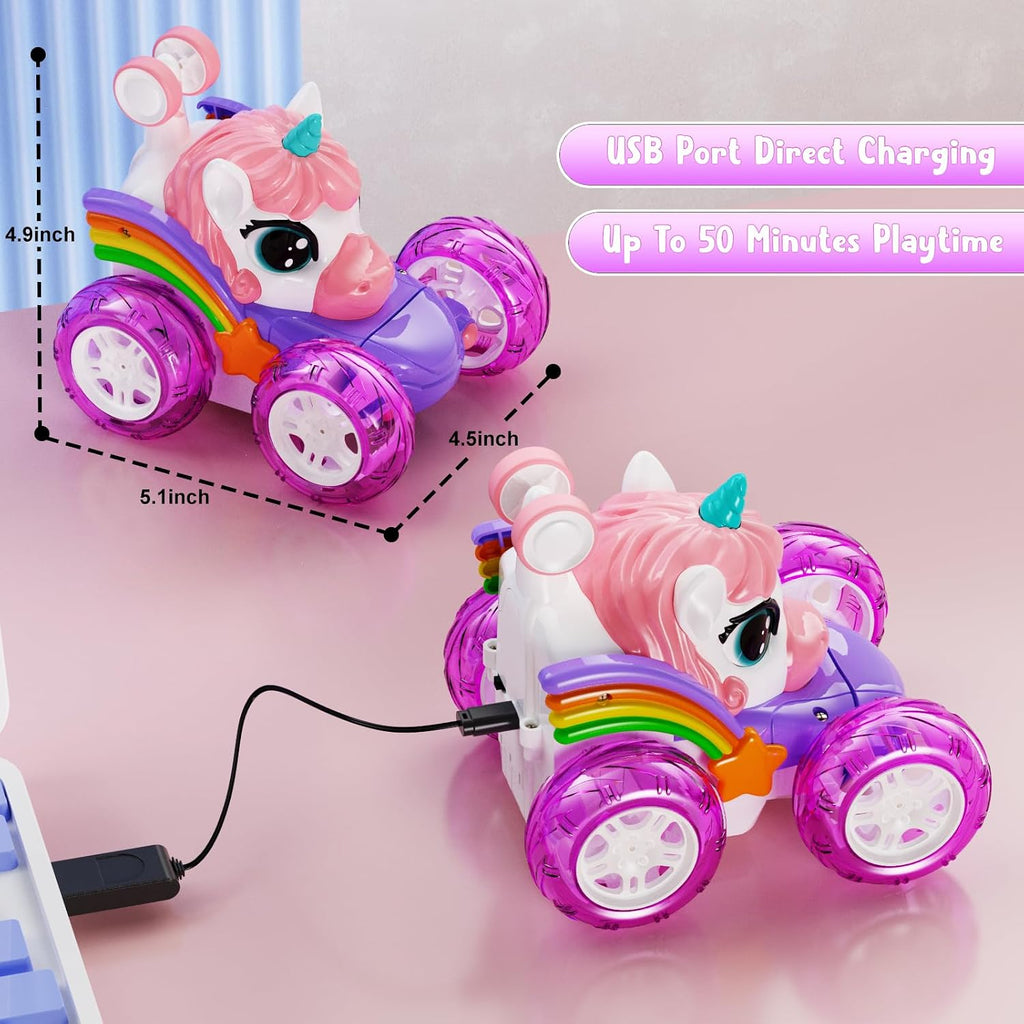 Kikikid Unicorn Remote Control Car for Girls, 360° Rotating 4WD Stunt RC Cars with Cute Lights, Rechargeable Car Toys Birthday Gifts for Kids Girl Age 3 4-6 6-8