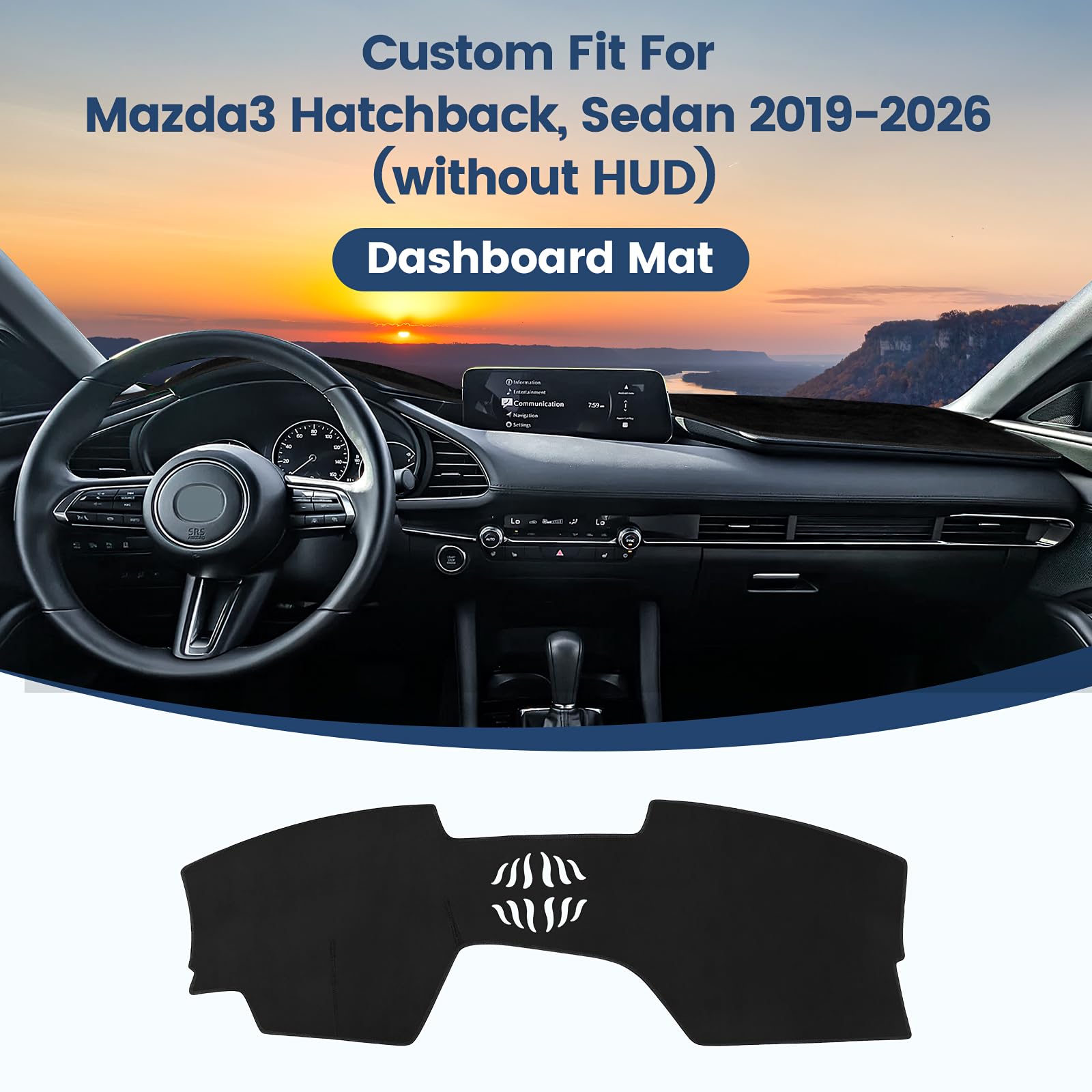 Dashboard Cover Mat Custom Fit for Mazda3 Hatchback, Sedan 2019-2024 2025 2026 (Without HUD) Dash Cover Nonslip Dash Mat Protector Sunshade No Glare Black