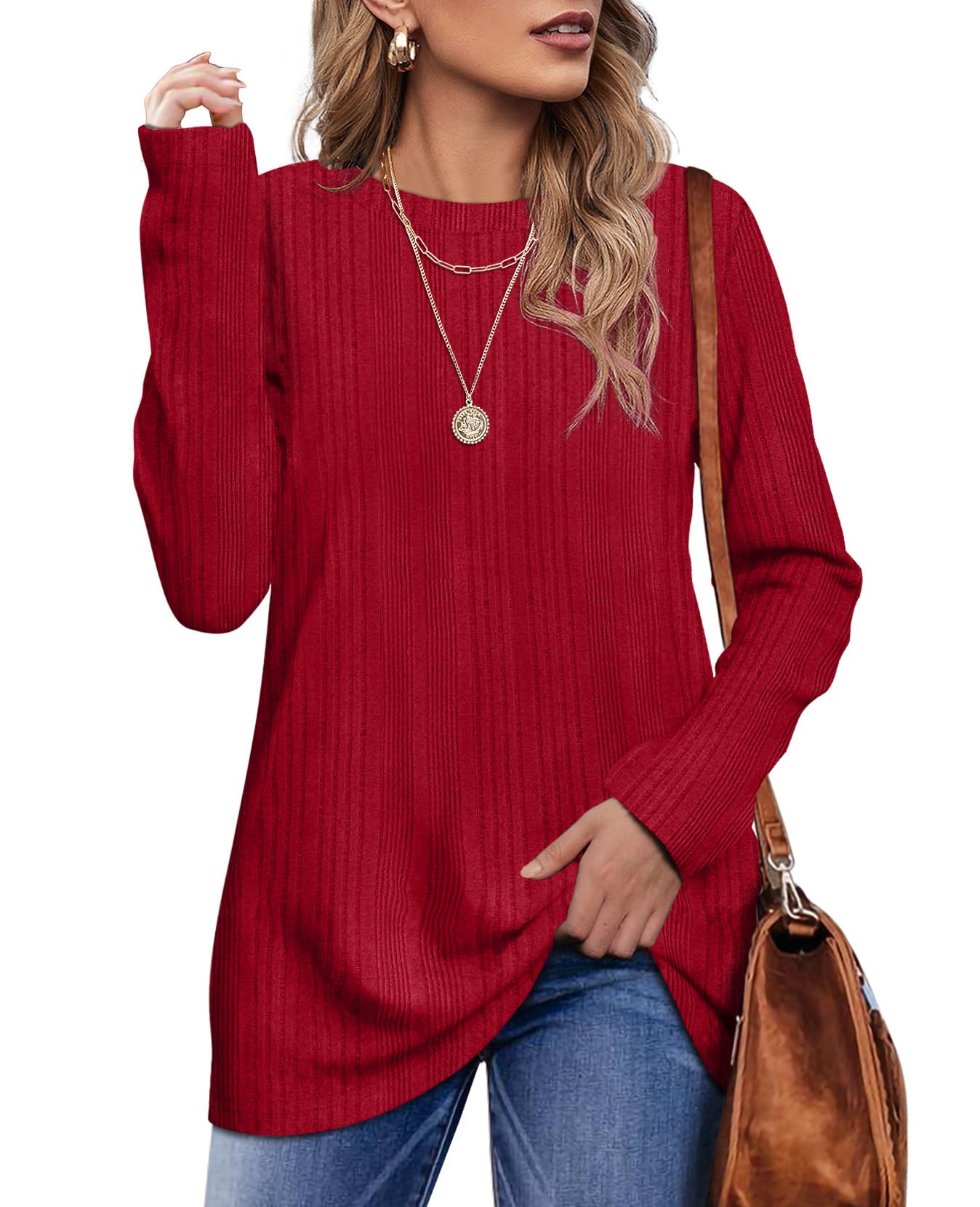 OFEEFAN Long Sleeve Shirts for Women Loose Fit Crew Neck Tunic Tops Blouse Dressy Casual Fall Winter Clothes Outfits