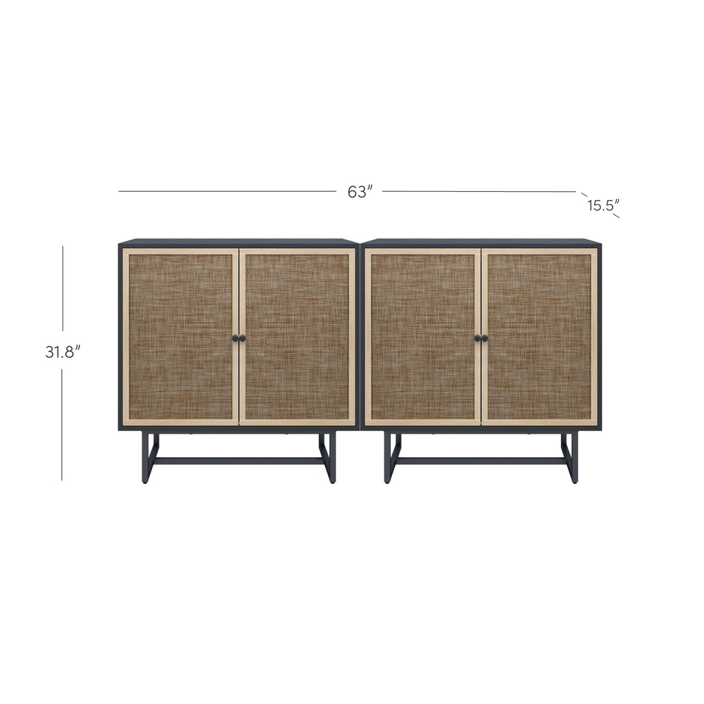 Nathan James Kova Rattan Wood Accent Sideboard Storage Cabinet with Matte Metal Frame, Adjustable Interior Shelves and Cane Doors, for Hallway, Entryway or Living Room, Black Oak/Cane