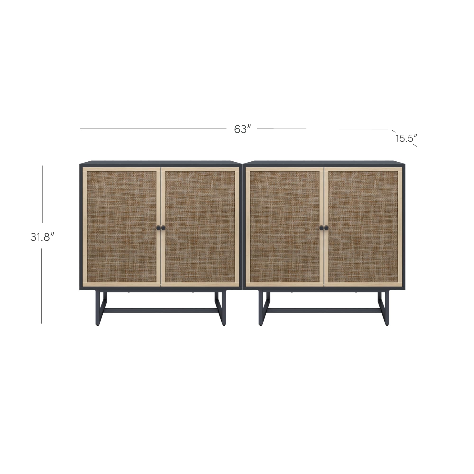 Nathan James Kova Rattan Wood Accent Sideboard Storage Cabinet with Matte Metal Frame, Adjustable Interior Shelves and Cane Doors, for Hallway, Entryway or Living Room, Black Oak/Cane
