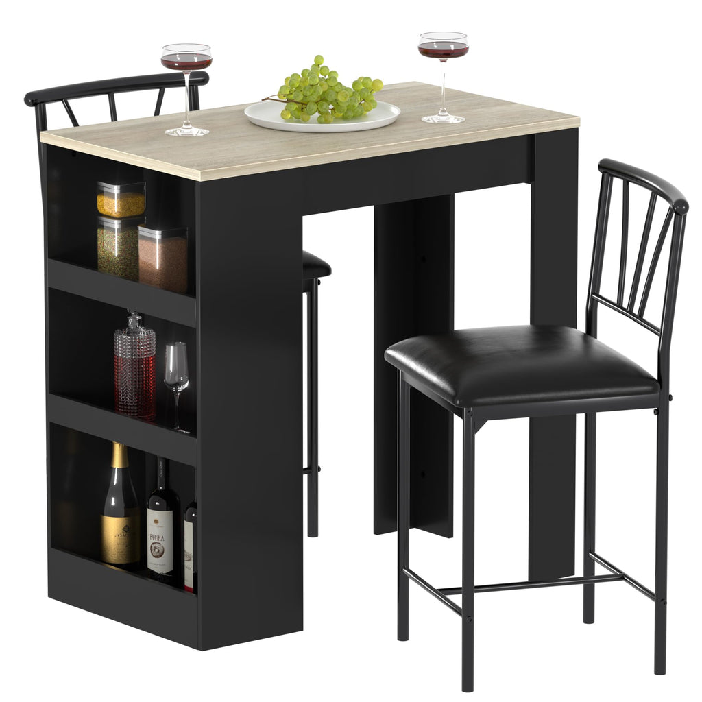 VECELO Small Bar Table and Chairs Tall Kitchen Breakfast Nook with Stools/Dining Set for 2, Storage Shelves, Space-Saving, Gray