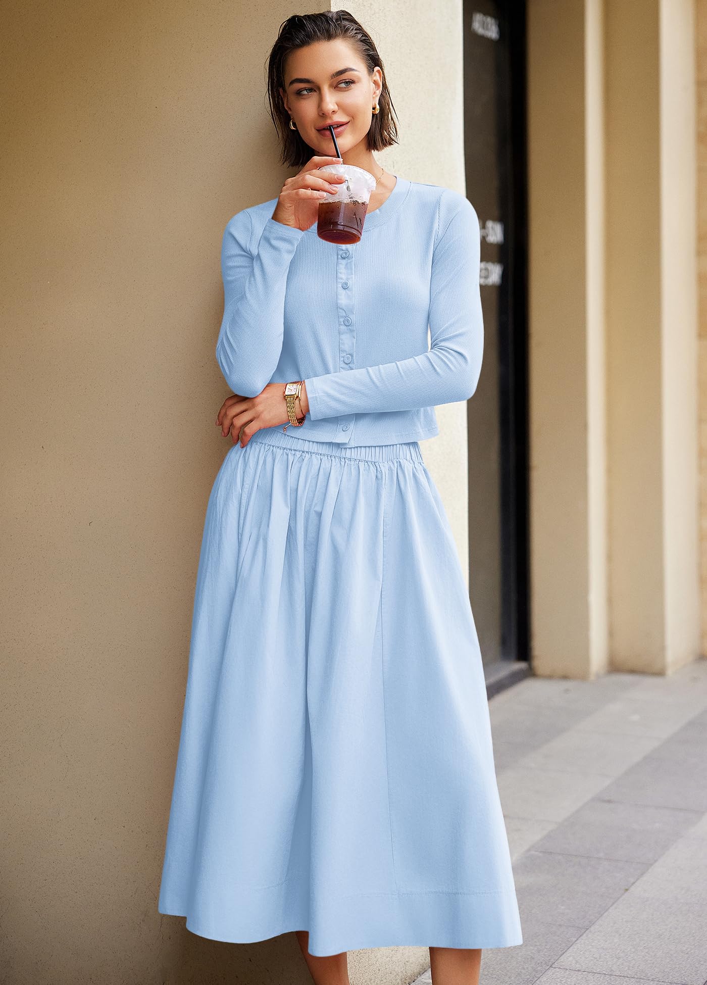 Panadila Womens 2 Piece Lounge Sets Matching Vacation Outfits Ribbed Button Down Cardigan and Elastic Waist Skirt Sets