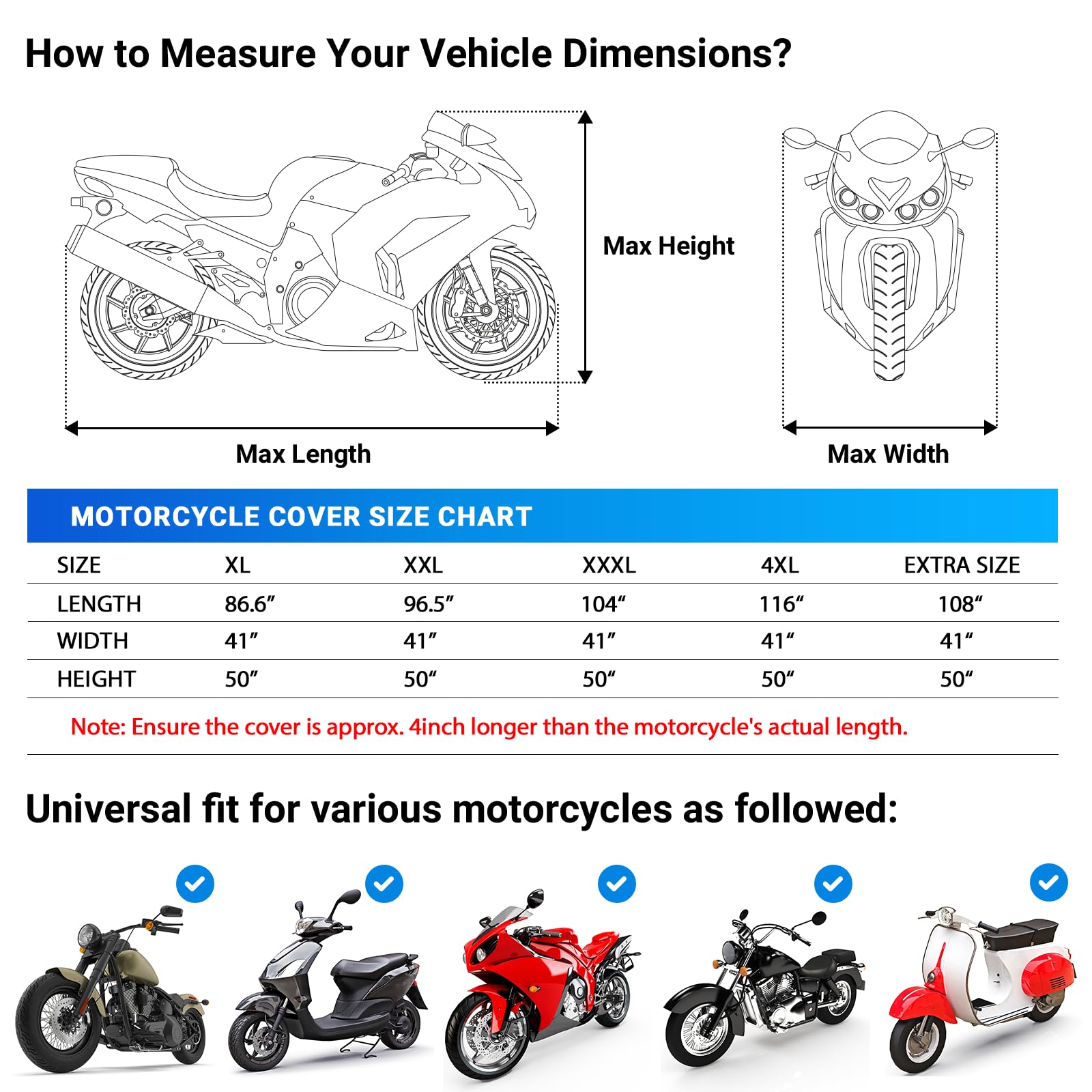 Favoto Motorcycle Cover Waterproof Outdoor All Weather Snow Rain Dust UV Protection Motorcycle Tarp with Lock-Holes ＆ Storage Bag Moped Cover with Night Reflective Strips Fits up to 86.6"