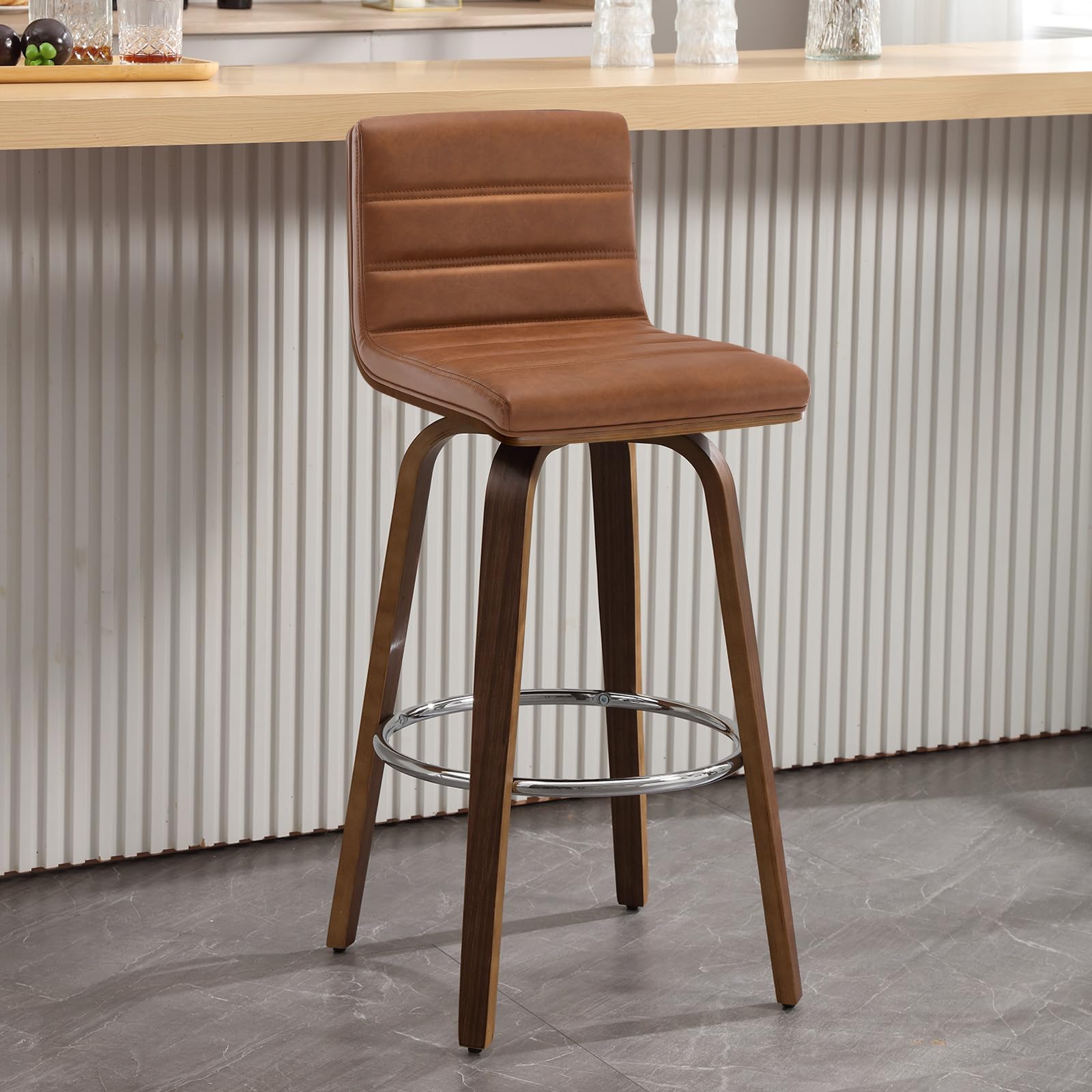 Bar Stools 29 Inch Bar Height, Swivel Bar Stools with Backs Upholstered PU Leather Barstool, L Shape Back and Padded Seat, Mid-Century Modern Bar Stool Pub Chairs for Kitchen Counter Island, Black