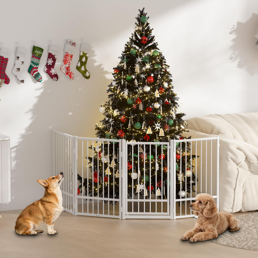 SNUOWU Full Metal Freestanding Dog Gate with Door, 24'' Height Foldable Pet Dog Fence for Indoor & Outdoor, 2 Panels Extra Wide Free Standing SmallDog Gates for Doorways,House,Stairs,Porch,Deck,Yard