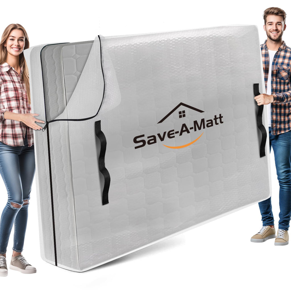 SaveAMatt Mattress Bags for Moving -Extra Thick Queen Mattress Storage Bag, 8 Strong Handles & Reinforced Stitching, Waterproof Reusable Clear Mattress Cover Protector (82’’x63’’x15’’ Queen Size)