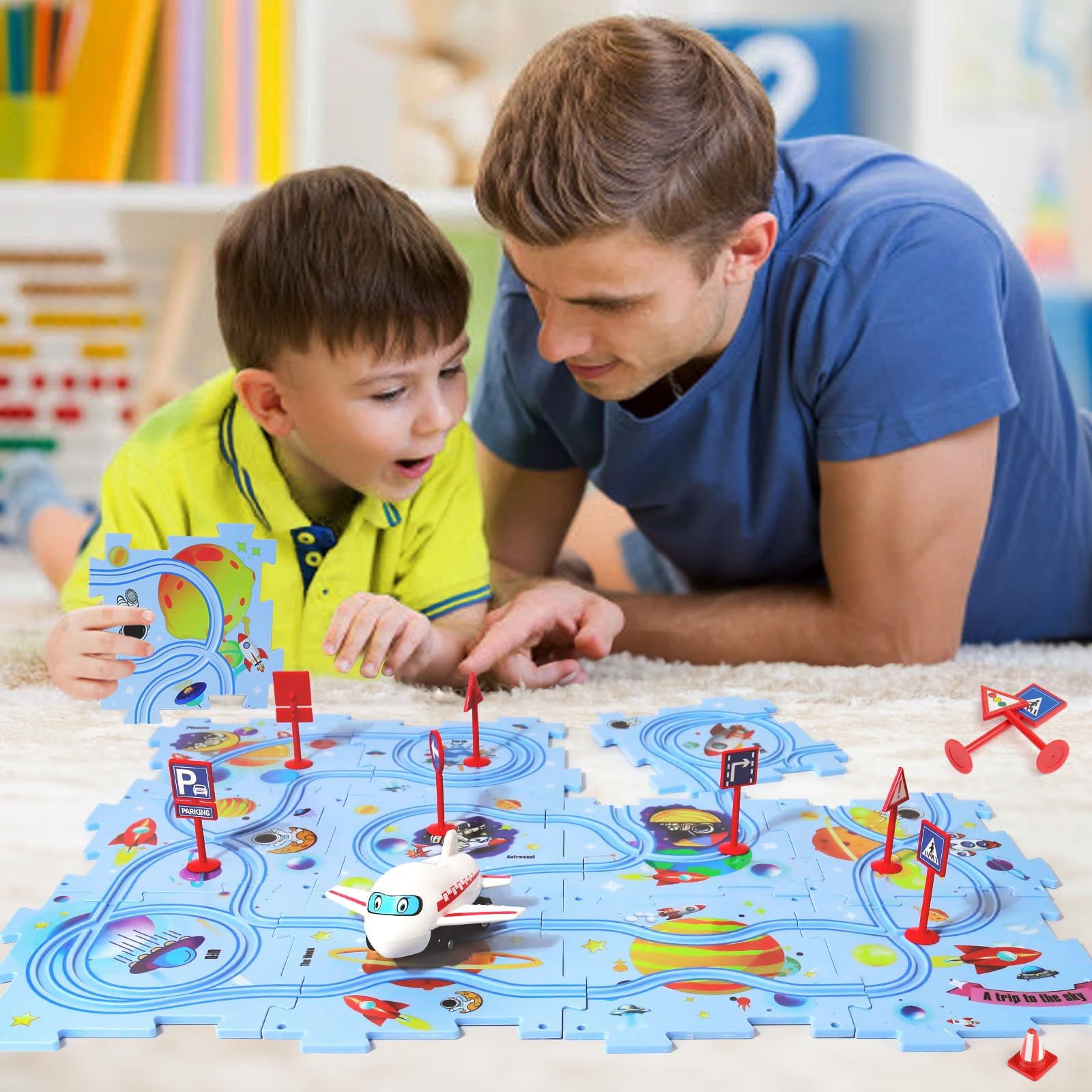 Puzzle Track Car Play Set with 12 Dinosaur Figures, Plastic Railcar Floor Puzzles for Kids Ages 3-5 with Vehicles, Toys Gifts for 3 4 5 6 Year Old Boys