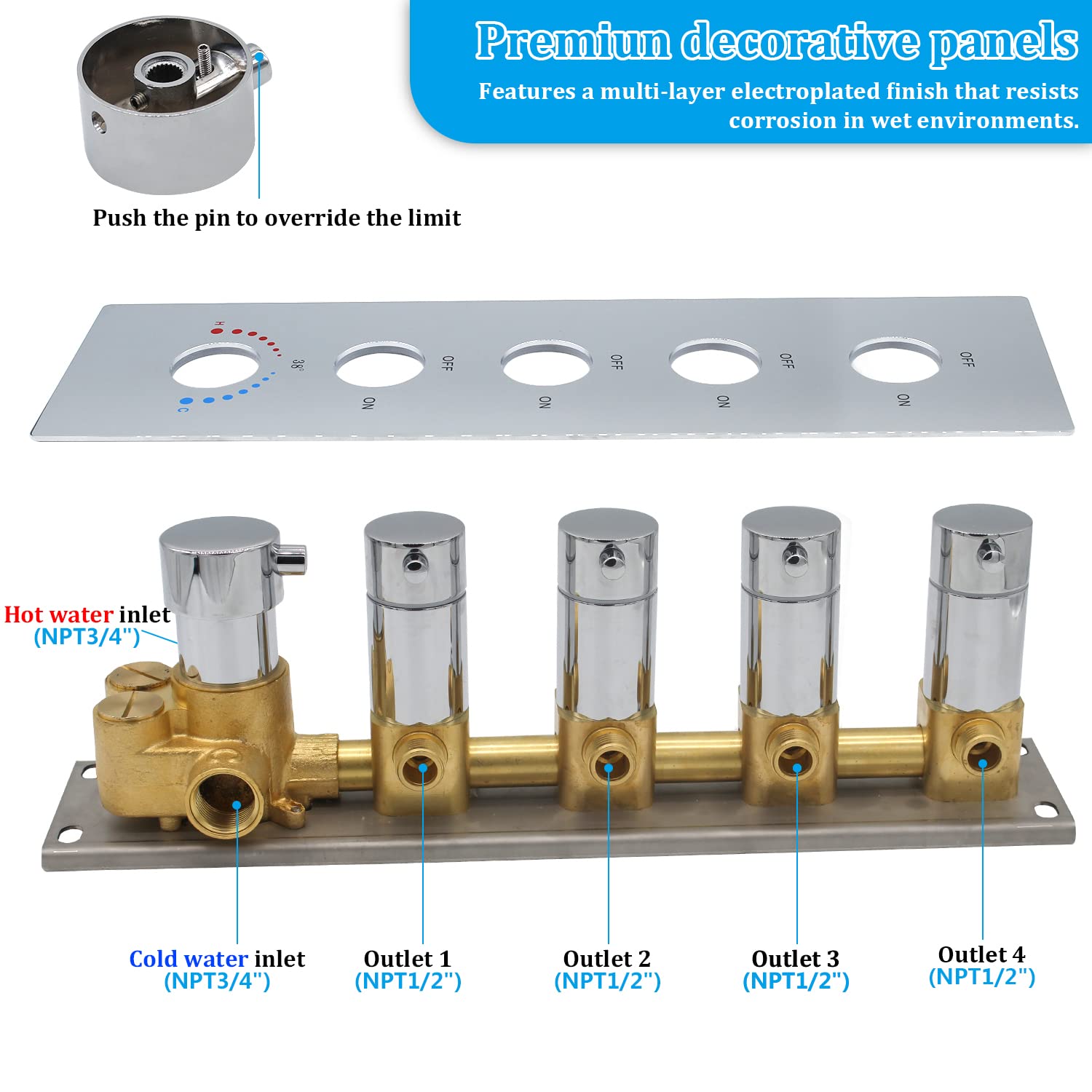 HOMEDEC 2 Way Shower Diverter Valve Brass Dual Functions Thermostatic Shower Mixing Valve Kit 3 Handle Flow Control Valve, 3/4 Inch Inlet, Can Use All Options At a Time, Matte Black