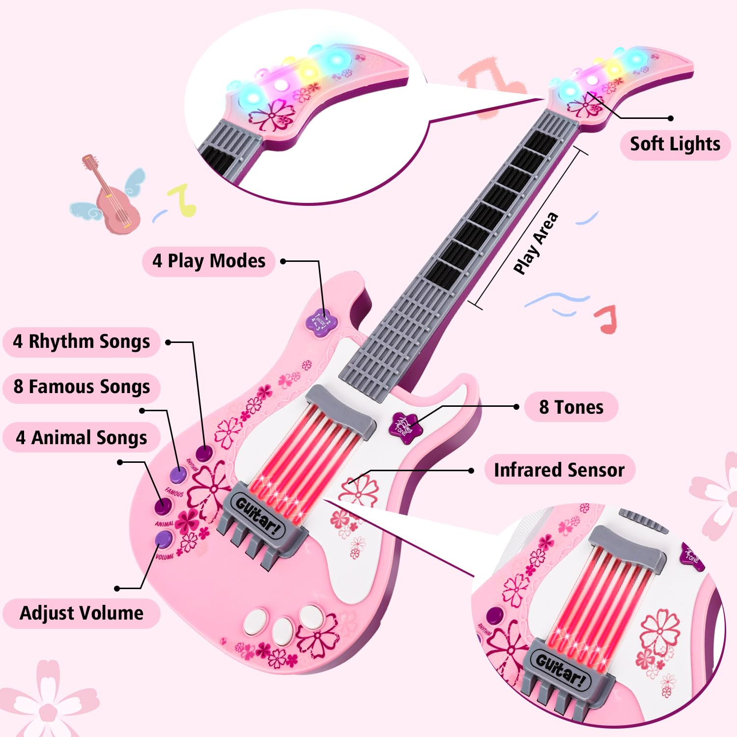 M SANMERSEN Kids Electric Toy Music Pink Guitars for Girl, with Strap for Kid, Toddler Musical Instrument Toys for 3 4 5 Year Old Girls Gifts
