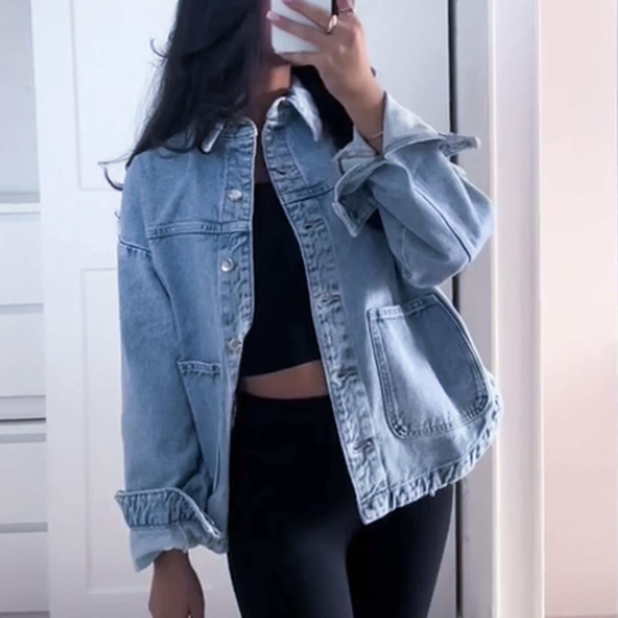 Hixiaohe Jean Jackets for Women Trendy Button Up Denim Shirt Jacket Oversized Long Sleeve Coat Fashion Clothes with Pockets