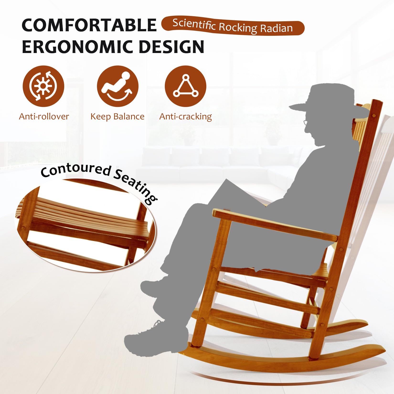 Hupmad Wooden Rocking Chair Outdoor Oversized Porch Rocker Chair,Patio Wooden Rocker with High Back and Armrest,All Weather Rocker Slatted for Backyard,Garden,400 lbs Support,Black