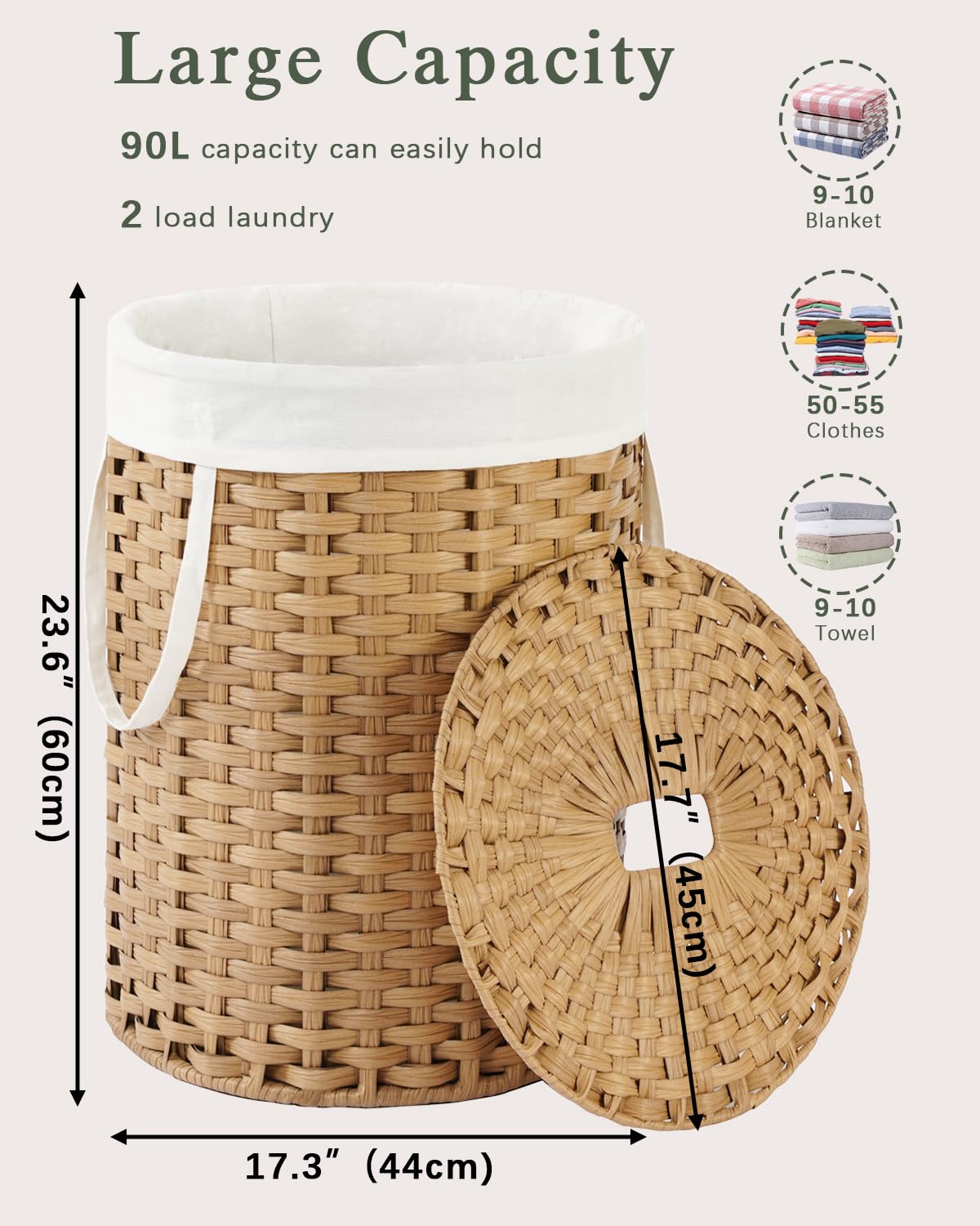 SETVSON Laundry Hamper with Lid Laundry Basket with Lid 19.0 Gal (72 L) Round Wicker Laundry Basket Handwoven Rattan Basket with Lid Removable Bag 2 Mesh Bags Handles for Living Room Bathroom Black