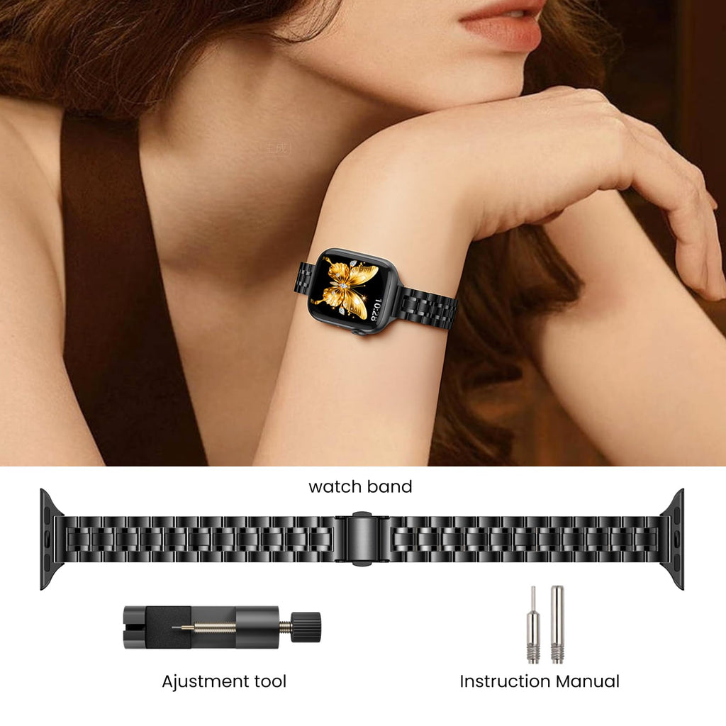STIROLL Thin Replacement Band Compatible for Apple Watch 38mm 40mm 41mm 42mm(Series 11 10), Stainless Steel Metal Wristband Women Men for iWatch Ultra SE Series 9 8 7 6 5 4 3 2 1, Black