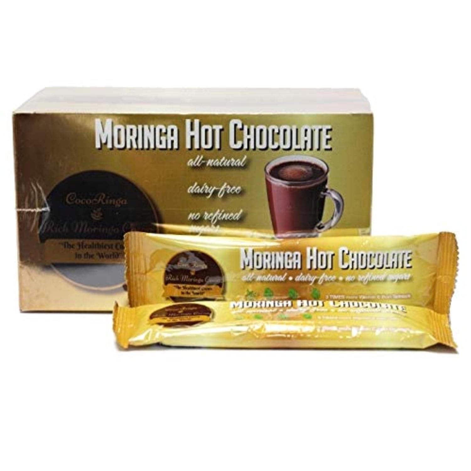 COCORINGA Moringa Hot Chocolate Cacao (LARGE box) First Natural Keto Non-dairy Hot Cocoa, Caffeine Free, Low Carb, High Protein, Sugar Free,
