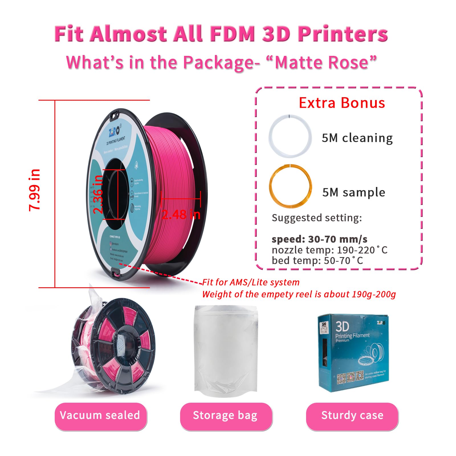 ZIRO 3D Printer Filament, PLA Filament 1.75mm, Black pla 1KG(2.2lbs), Dimensional Accuracy +/- 0.03mm, Fits Most FDM Printer AMS System,3D Printing Filament Spool Black (Plastic Reel)