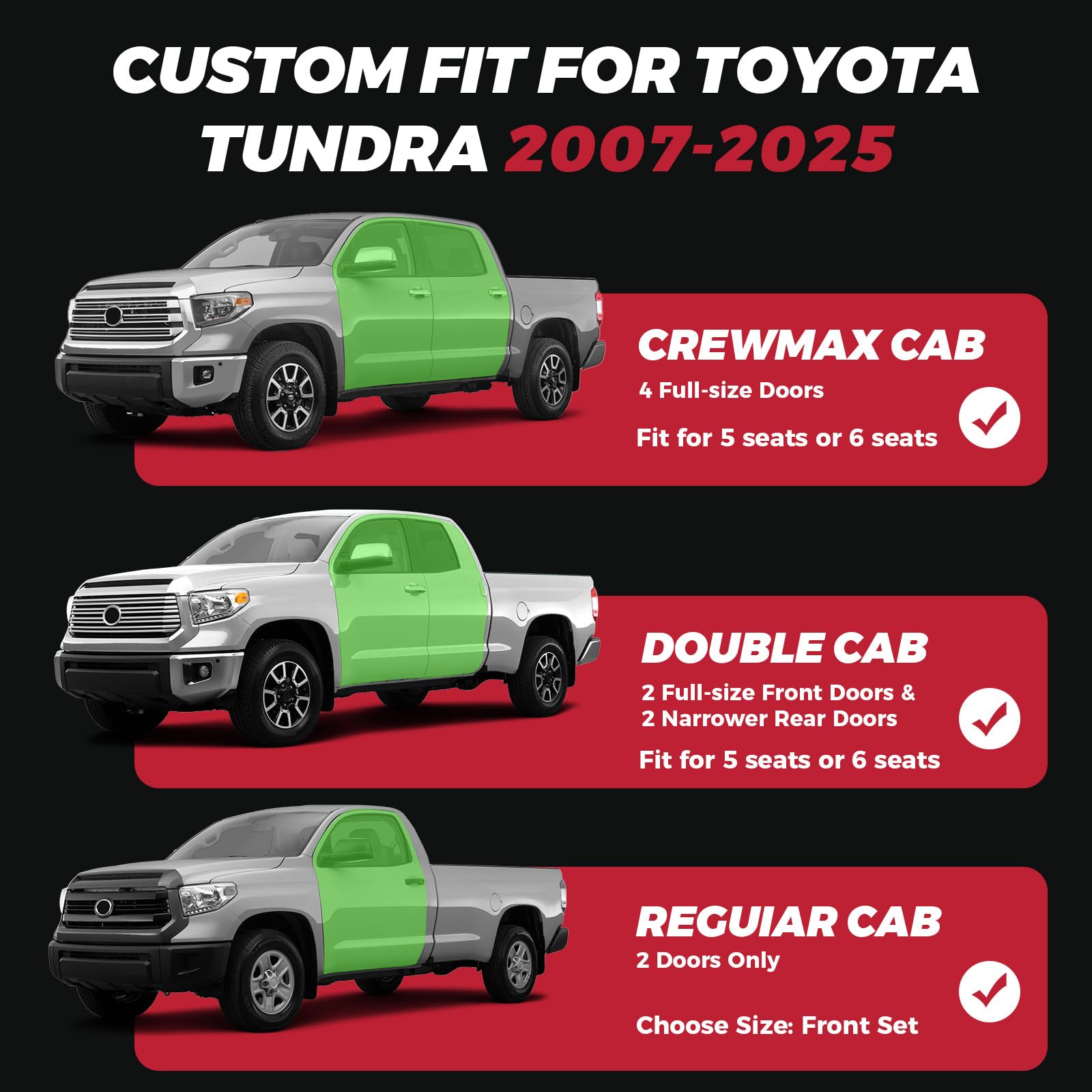 FREESOO Tundra Seat Covers 2007-2013, Fit for Toyota Tundra Crewmax Cab 5 Seats, Custom Truck Seat Covers with Waterproof Faux Leather Black