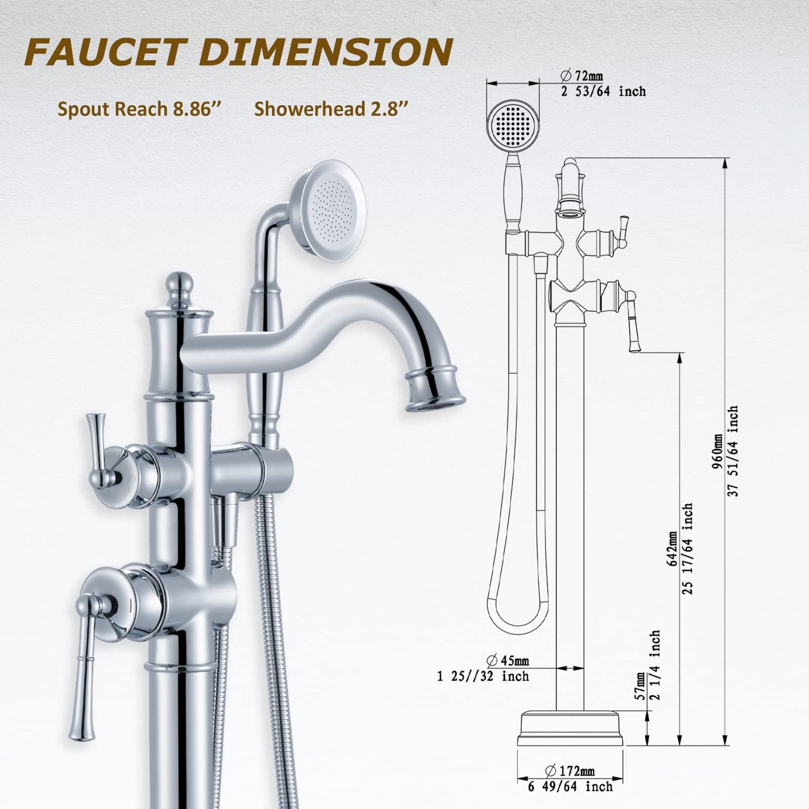 Freestanding Floor Mount Tub Filler with Handheld Shower Roman Bathtub Faucet by Brushed Gold Finish, Swivel Spout with Brass Rough-in and Water Hose