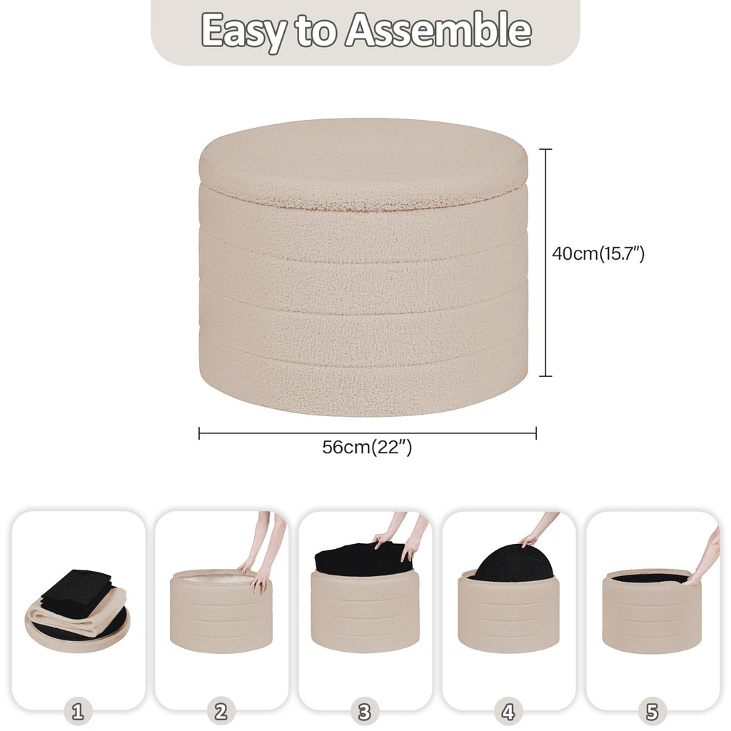 PINPLUS Round Storage Ottoman Foot Rest Stool with Tray Velvet Sherpa Folding Storage Ottoman,Boucle Foot Rest for Living Room, Bedroom, Dorm（Beige）
