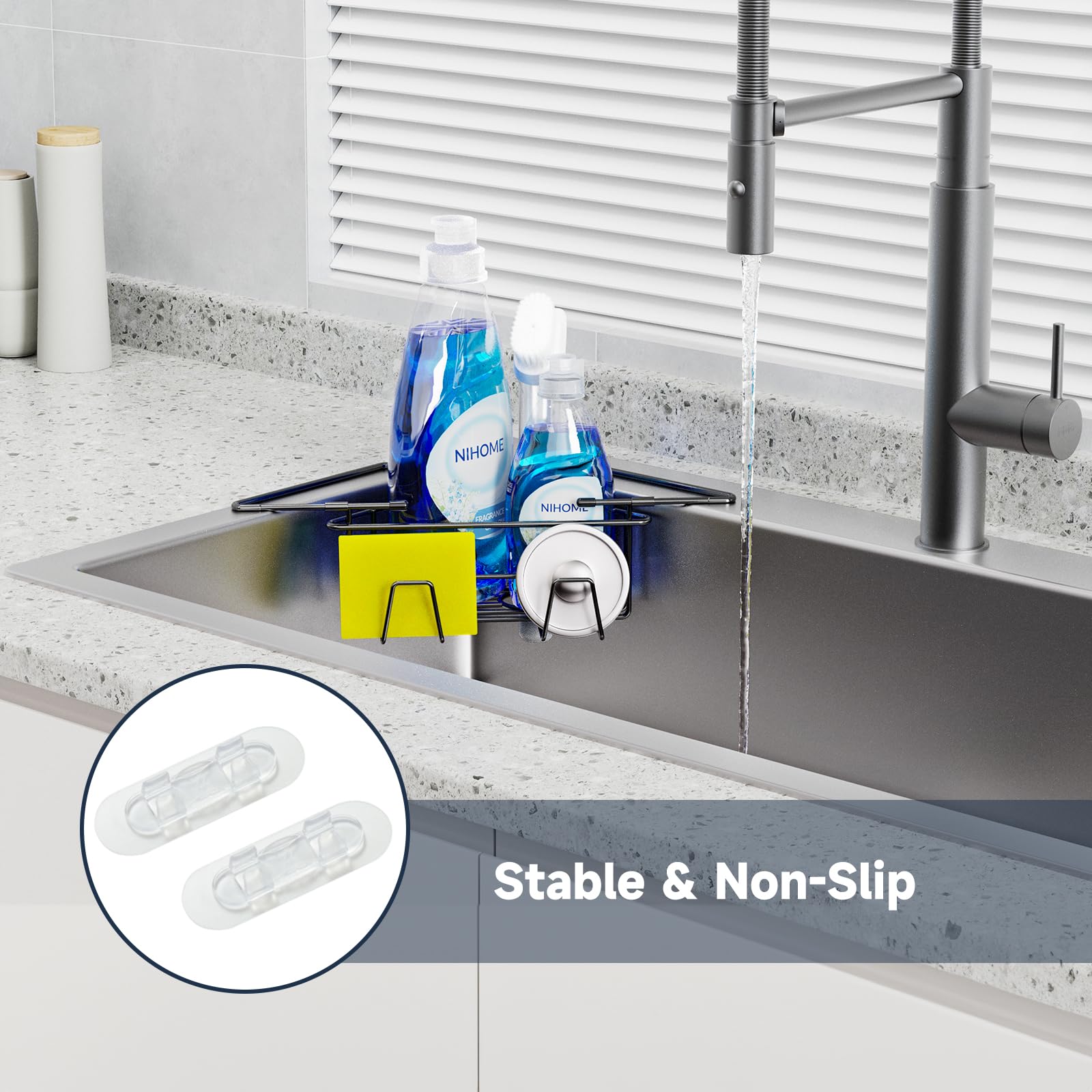 NiHome Extendable Arm Stainless Steel Kitchen Sink Corner Caddy, Easy Install Space-Saving Adjustable Sponge Holder, Non-Slip Rust-Resistant for Brushes, Soap, Sponges (Black)