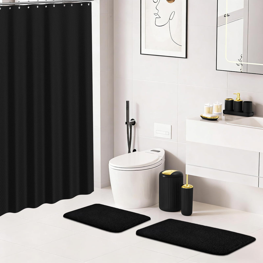 XLHOMO 24 PCS Black Bathroom Accessories Set with Shower Curtain and Rugs, Bathroom Decor Set with Trash Can, Toilet Brush, Soap Dispenser, Toothbrush Holder, Tumbler, Soap Dish and Jars