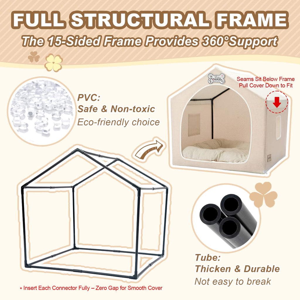 Jiupety Indoor Dog House with Frame, Cute Dog Tent Bed with Cover Cave, Breathable, Washable, and Foldable House, Suitable for 10-20 Lb Puppy and Cats, Medium (17"×17"×17"), Beige