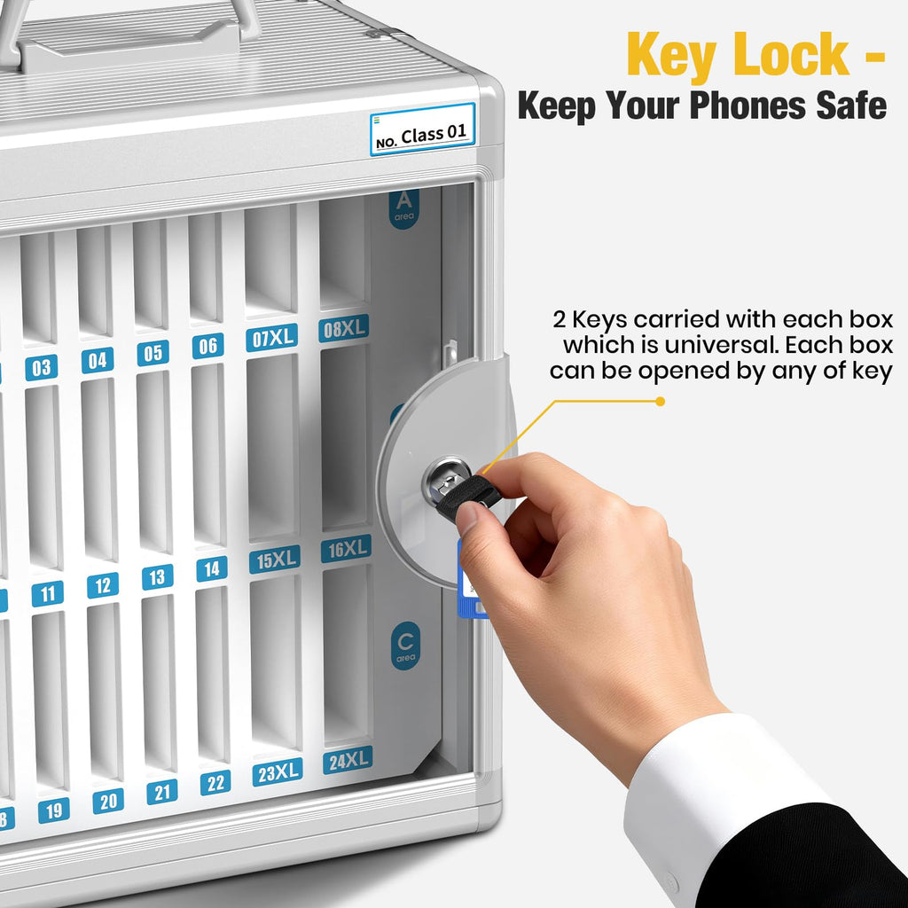 Glosen Cell Phone Locker 24 Slots, Portable Phone Storage Cabinet [Wall Mounted] [Silver 24 Slots-Universal Key ] Aluminum Alloy Cellphone Lock Box with Key & Handle for School Classroom Office Exam