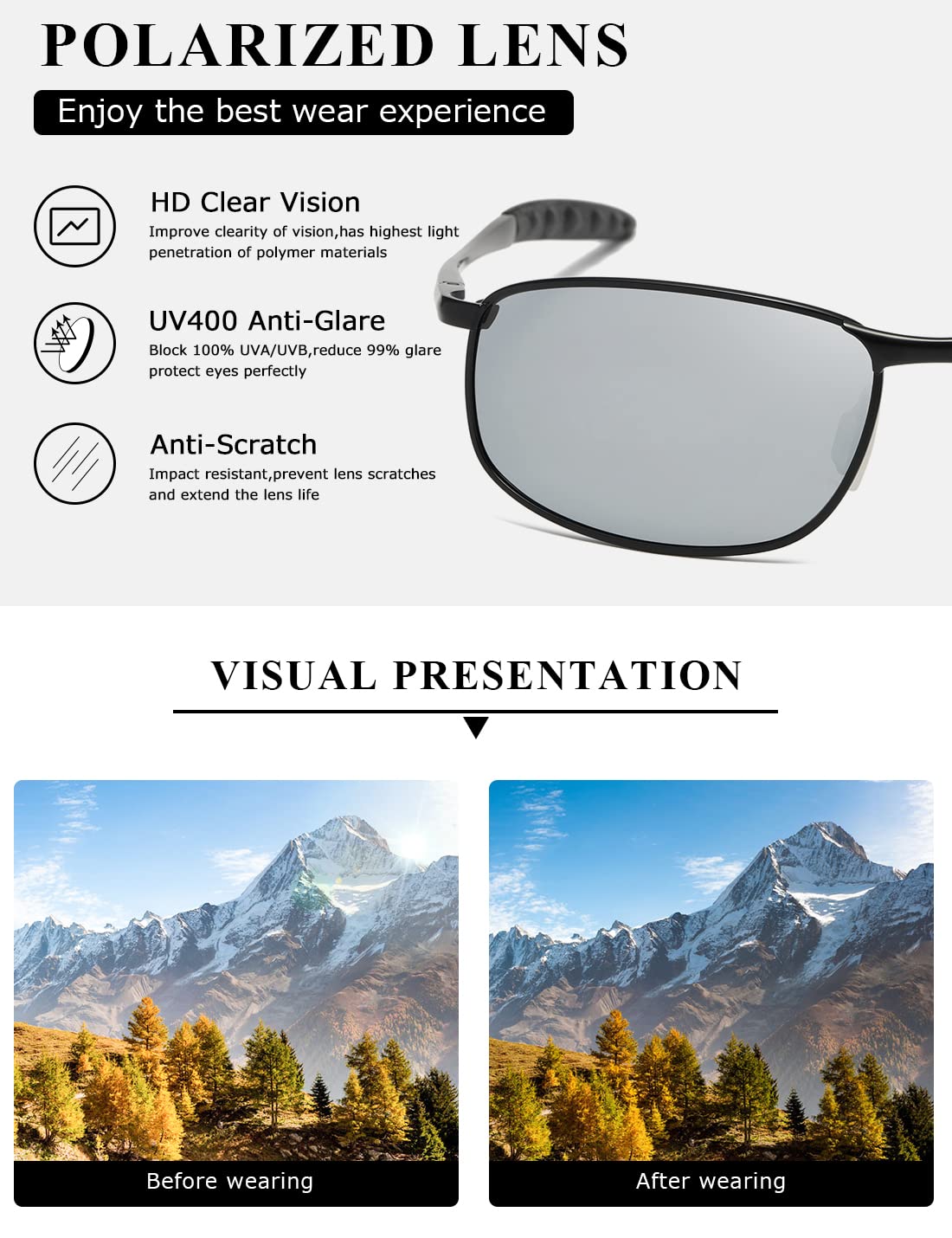 AEVOGUE Polarized Sunglasses For Men Rectangle Metal Frame Retro Sun Glasses AE0395
