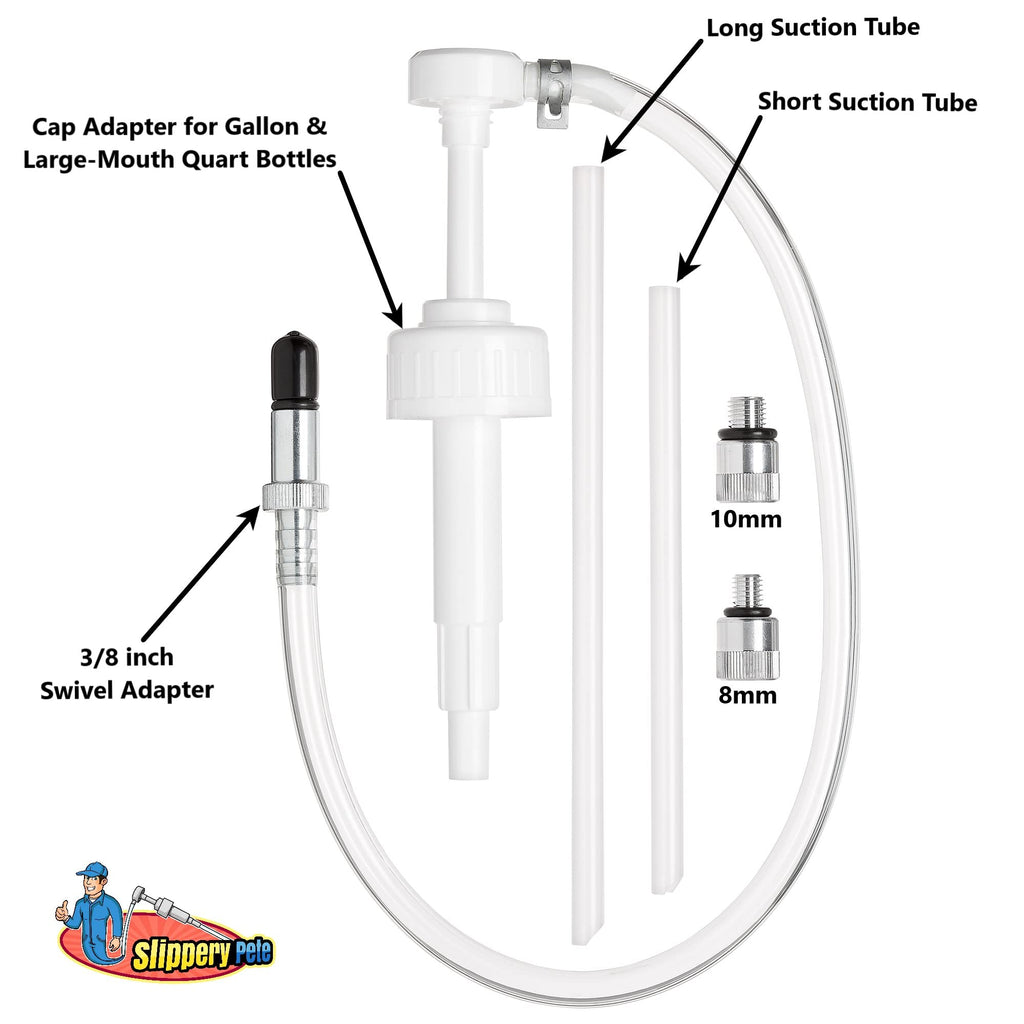 Slippery Pete - Lower Unit Gear Oil Pump for Standard Quart Bottles, Includes 3/8 inch Metal Swivel, 8mm and 10mm Adapters Fit Most Marine Boat Outboard Motors (NOT COMPATIBLE WITH VOLVO PENTA)