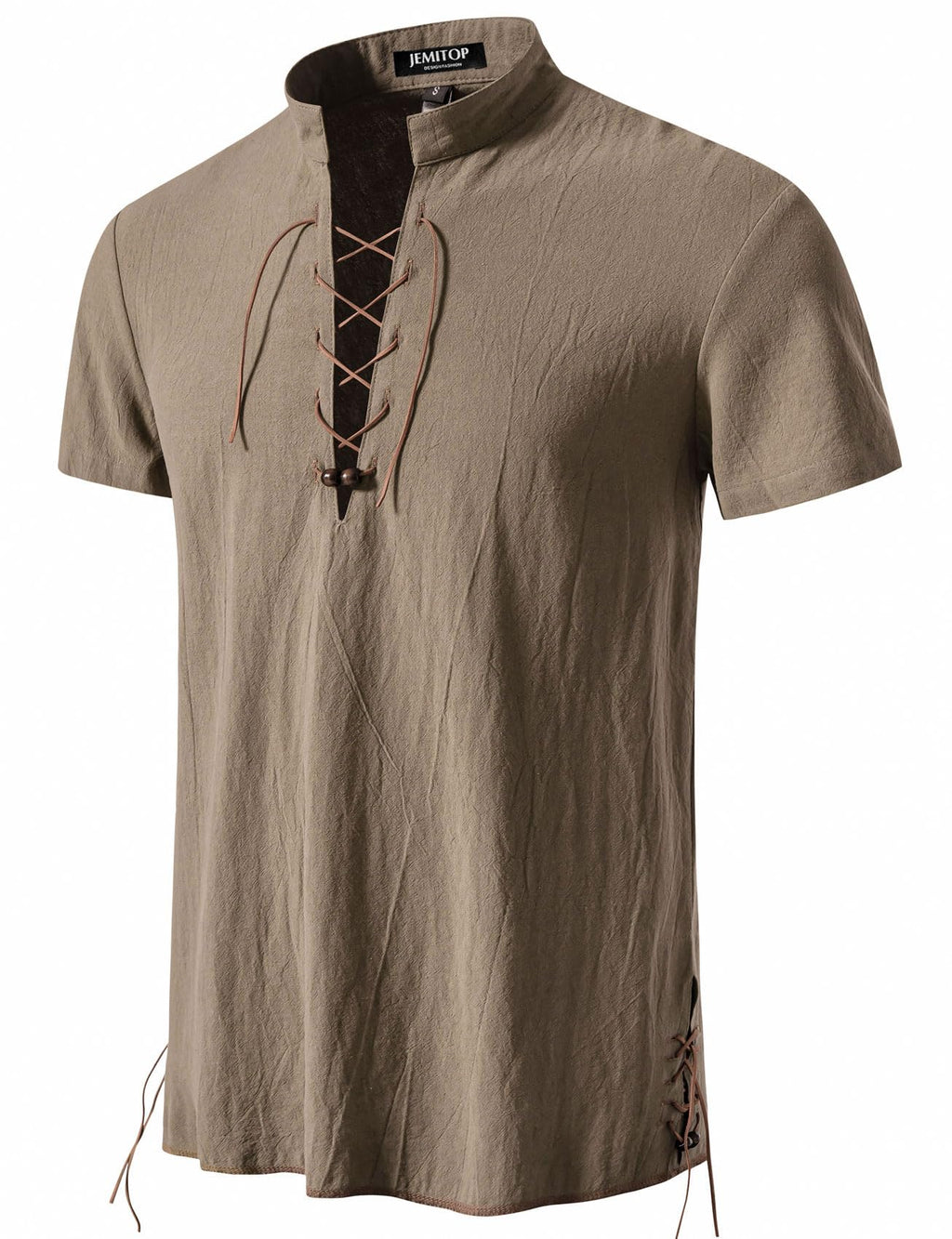 JEMITOP Men's Pure Cotton Vintage Short Sleeve Lace Up Shirts for Renaissance Pirate Viking Medieval Costume