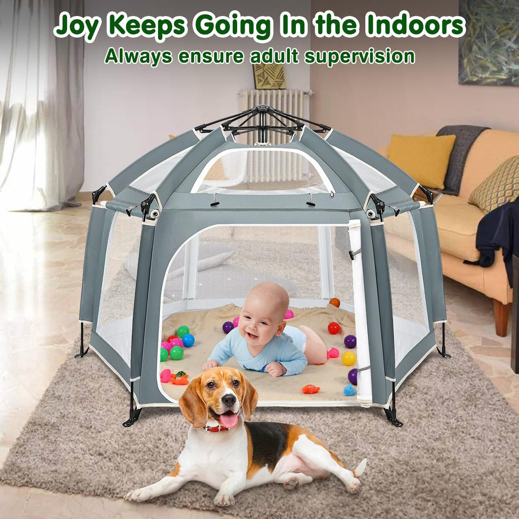 Pop Up Playpen for Baby, Portable Playpen for Babies and Toddlers with Removable Sun-Shades& 2 Side UV Covers, Lightweight Outdoor Baby Play-Pen for Beach Home with Travel Bag, Beige