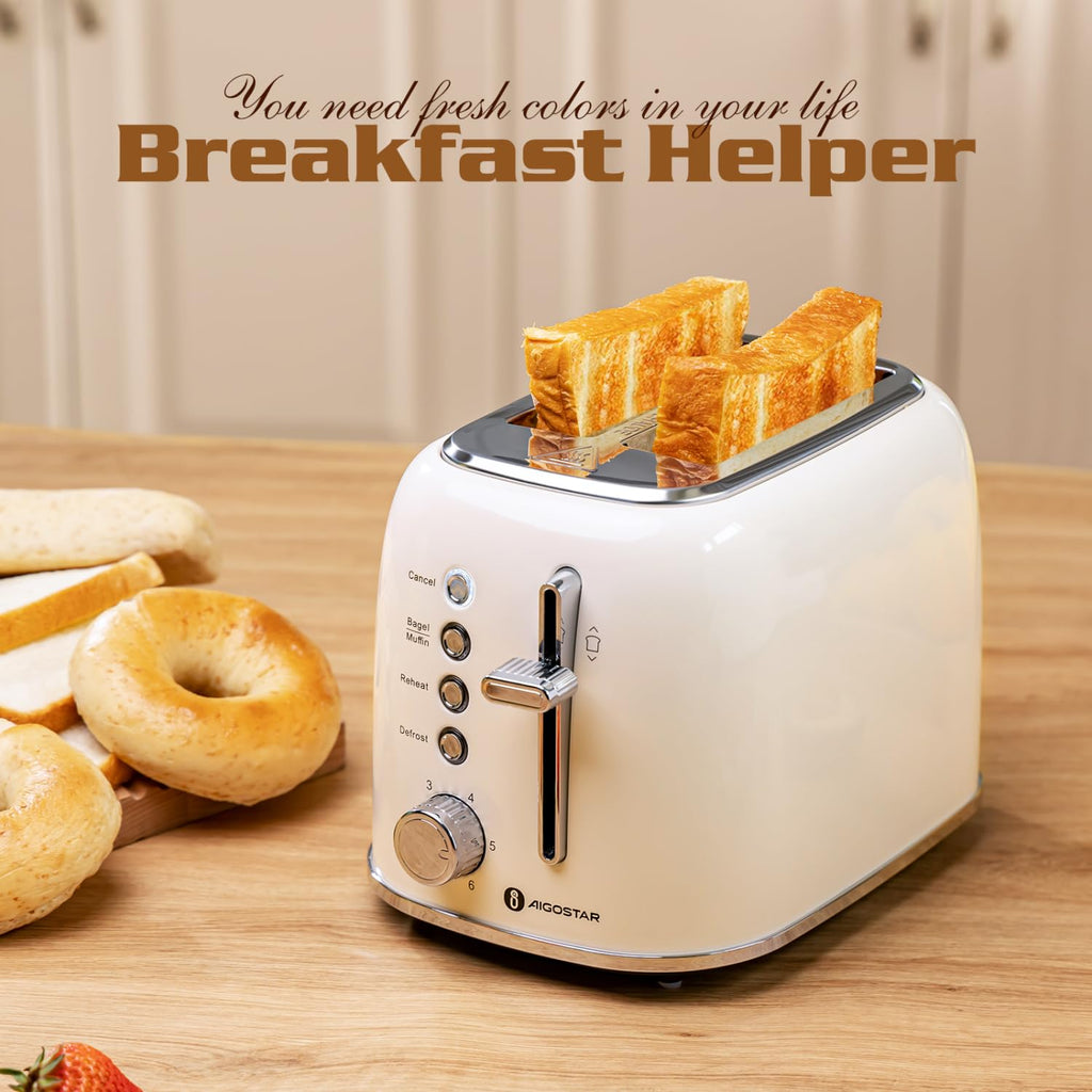 Aigostar Toaster 2 Slice Retro Toaster Stainless Steel, 1.6 inch Extra Wide Slots Bread Toaster Bagel, Cancel, Defrost Function, 6 Shade Settings & Removable Crumb Tray for Bread Waffle, Aqua Green