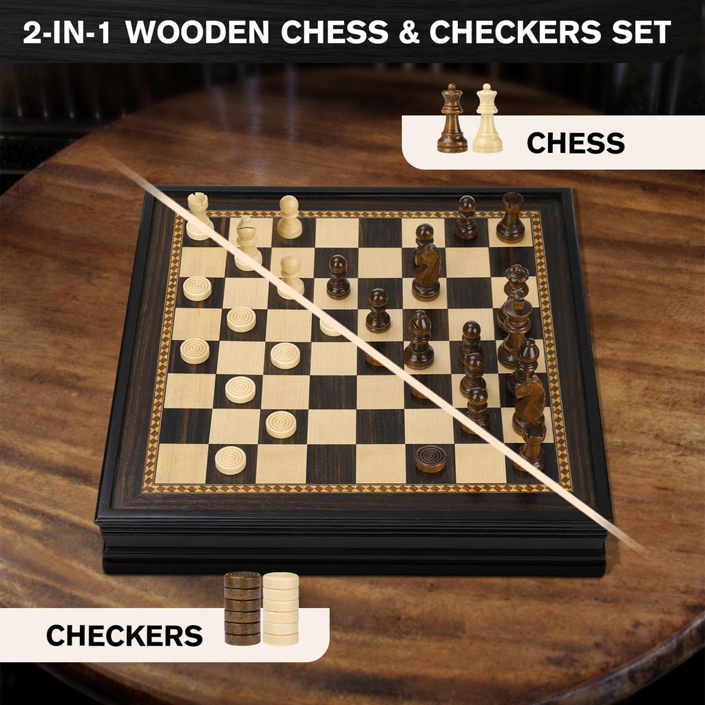 Peradix Magnetic Chess and Checkers Set with 2 Built-in Storage Drawers, Classic 2 in 1 Wooden Board Games, Magnetic Chess Pieces 2 Extra Queens, 12.8" Chess Set for Adults and Kids Gift Package