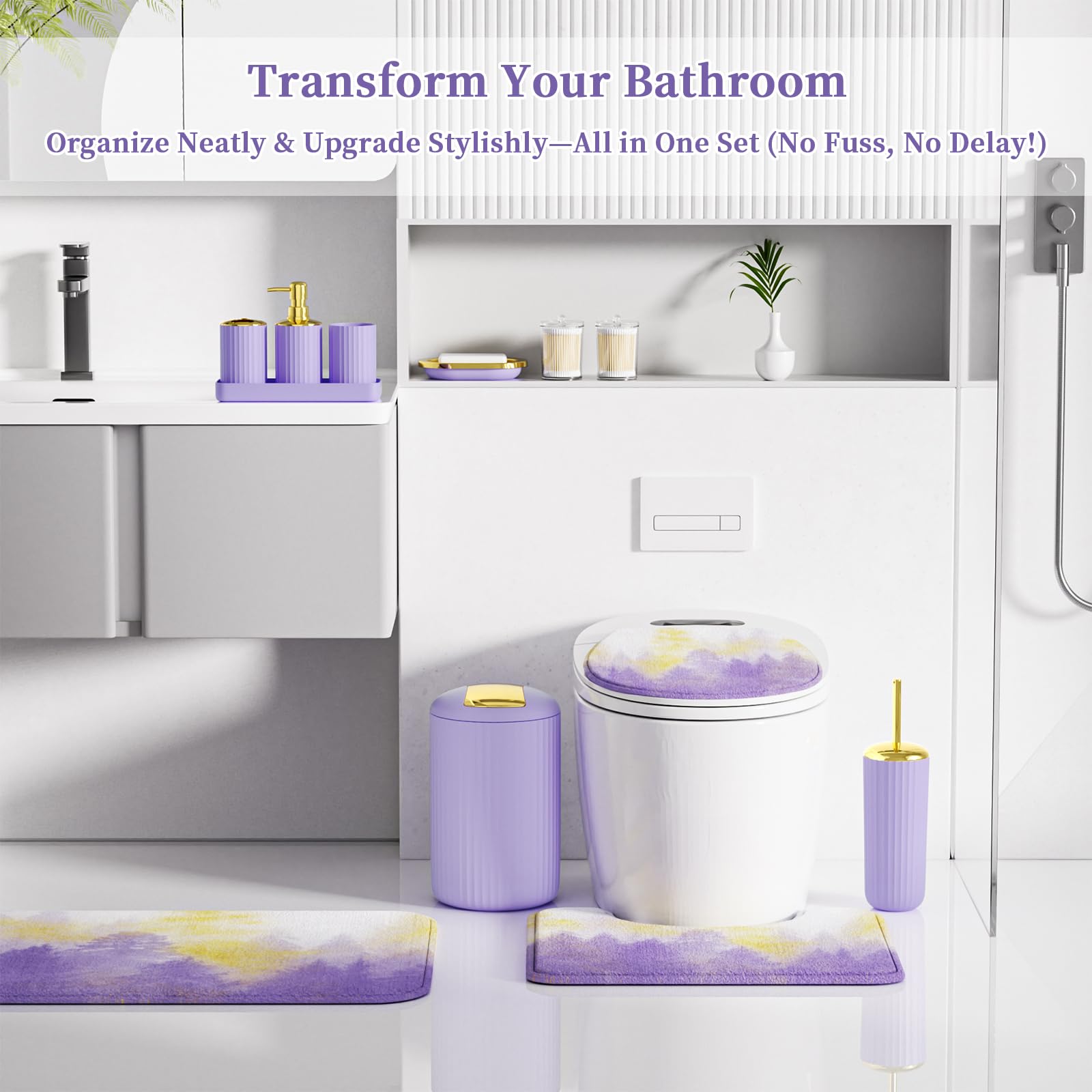 XLHOMO 24 PCS Black Bathroom Accessories Set with Shower Curtain and Rugs, Bathroom Decor Set with Trash Can, Toilet Brush, Soap Dispenser, Toothbrush Holder, Tumbler, Soap Dish and Jars