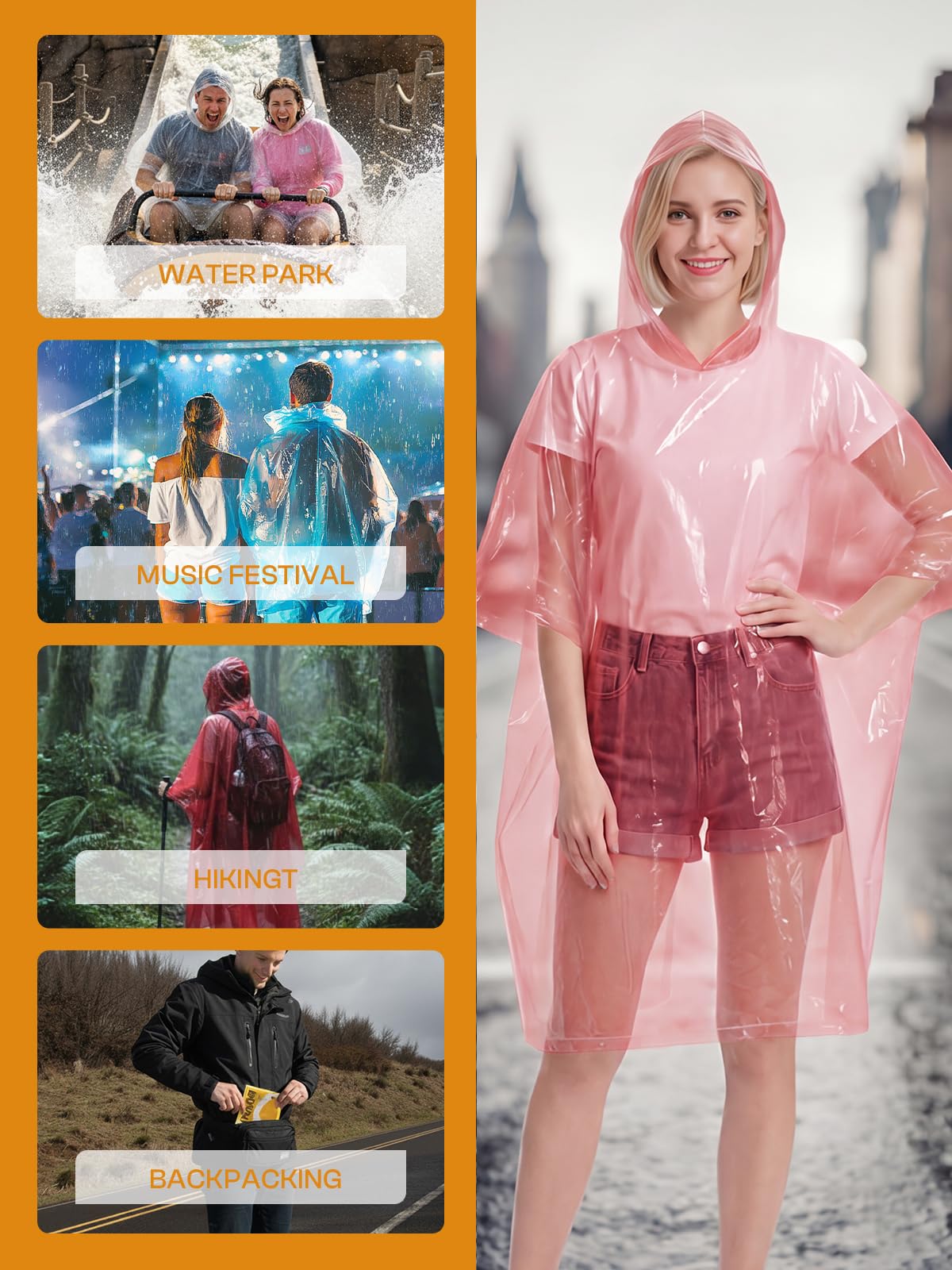 SaphiRose Disposable Rain Ponchos for Adults, 4 Pack Family Pack Clear Emergency Hooded Raincoat for Travel Camping